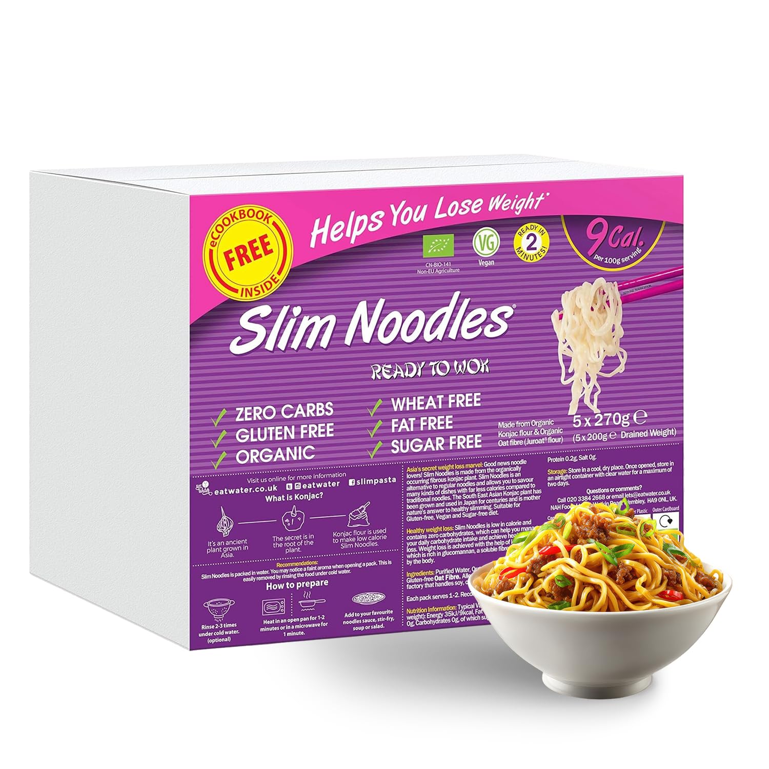 Eat Water Slim Pasta Noodles (Pack of 5, 270g Each) Zero Carbohydrate | Keto, Paleo & Vegan Friendly | Zero Sugar, Low Calorie (9 kcal/100g) Made from