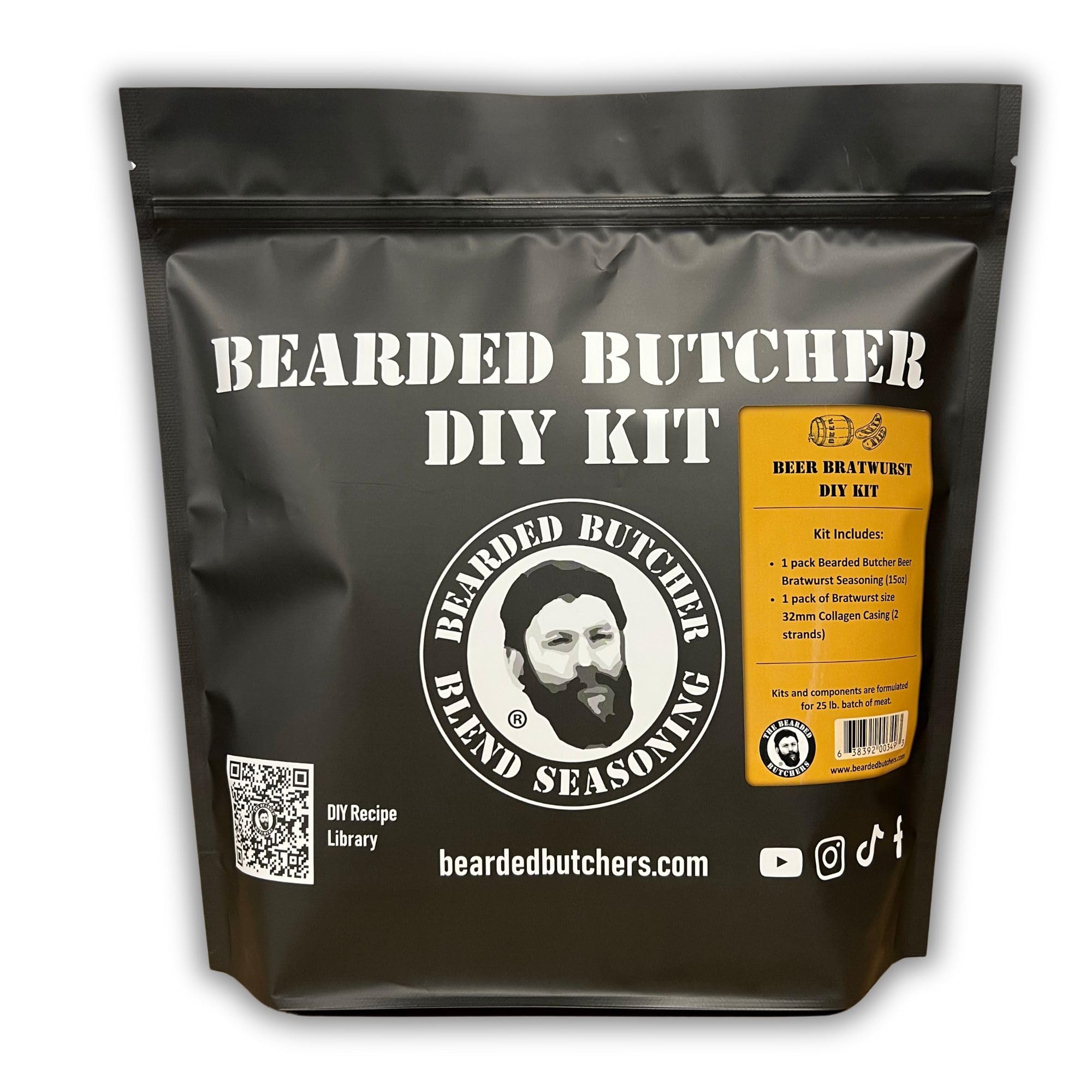Bearded Butchers Beer Bratwurst DIY Kit - Make Rich & Flavorful Brats at Home - Includes Beer Bratwurst Seasoning and 32mm Collagen Casings for Up to