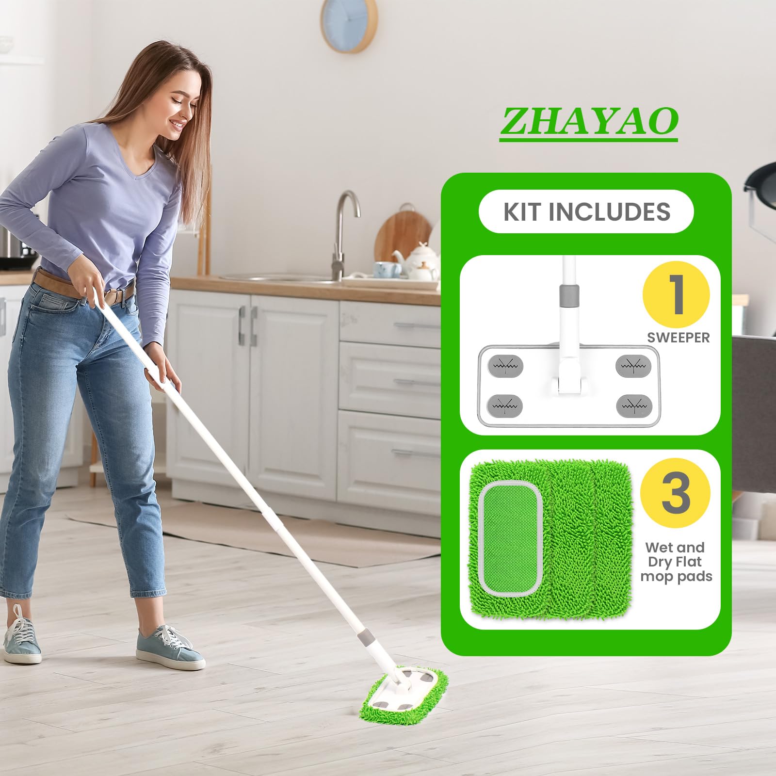 ZHAYAO Reusable Microfiber Floor Mop System, Wet & Dry Sweeper Kit, Includes 1 Sweeper Handle, 3 Washable Chenille Mop Pads, Dry & Wet Use