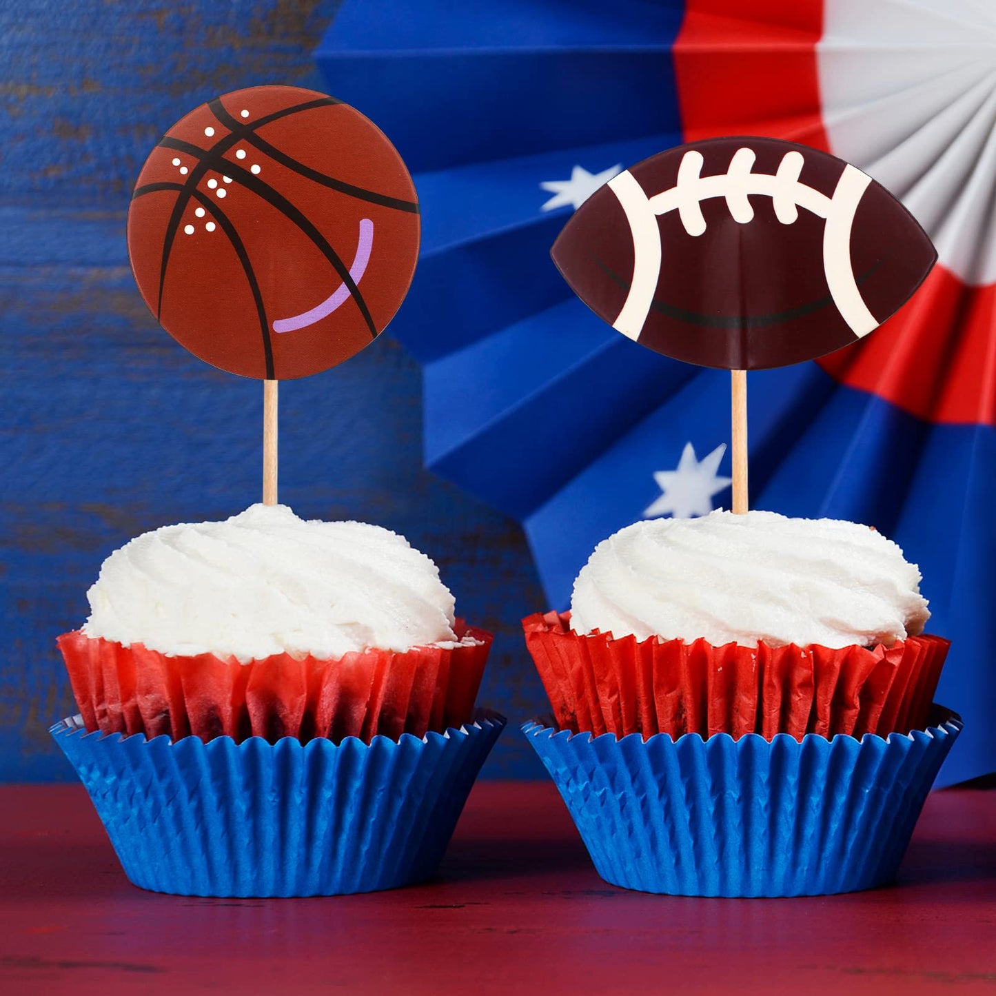 BLUE TOP 48pcs Two Side Sports Ball Cupcake Toppers Sports Theme Cupcake Picks Party Decor Football Baseball Basketball Rugby Decoration Picks