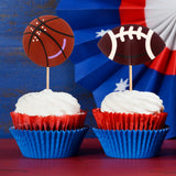 BLUE TOP 48pcs Two Side Sports Ball Cupcake Toppers Sports Theme Cupcake Picks Party Decor Football Baseball Basketball Rugby Decoration Picks