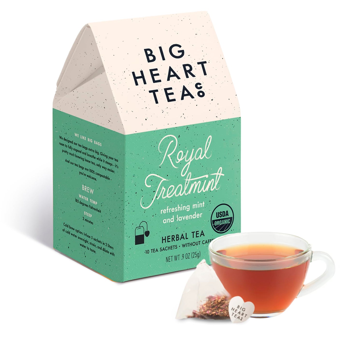 Big Heart Tea Co. Tea Bags - Royal Treatmint Lavender Mint - Certified Organic, Ayurvedic Herbal Decaf Tea in Zero Plastic Sachets - Small Batch