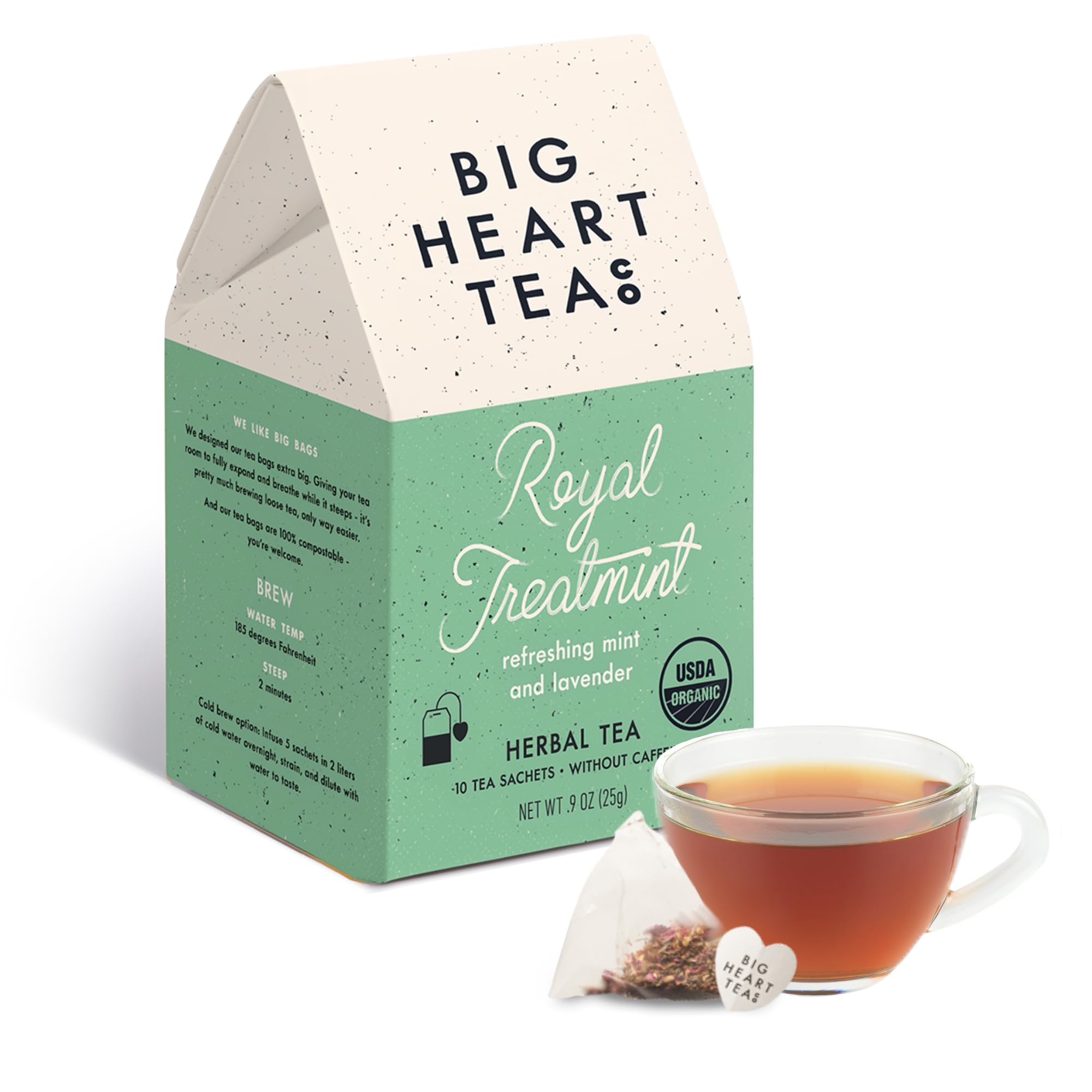 Big Heart Tea Co. Tea Bags - Royal Treatmint Lavender Mint - Certified Organic, Ayurvedic Herbal Decaf Tea in Zero Plastic Sachets - Small Batch