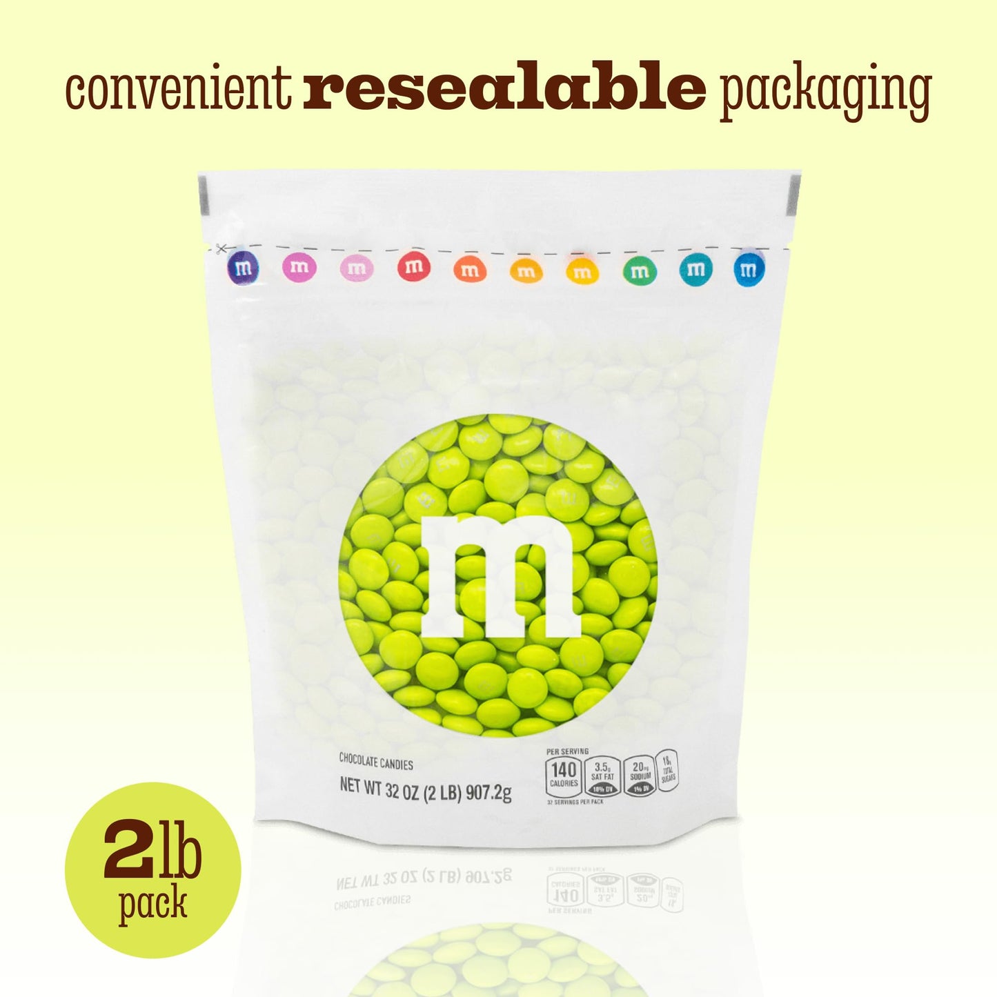 M&M’S WORLD Electric Green Milk Chocolate Candy - 2lbs of Bulk Chocolate Candy in a Resealable Pack for Birthdays, Graduations, St. Patrick's Day