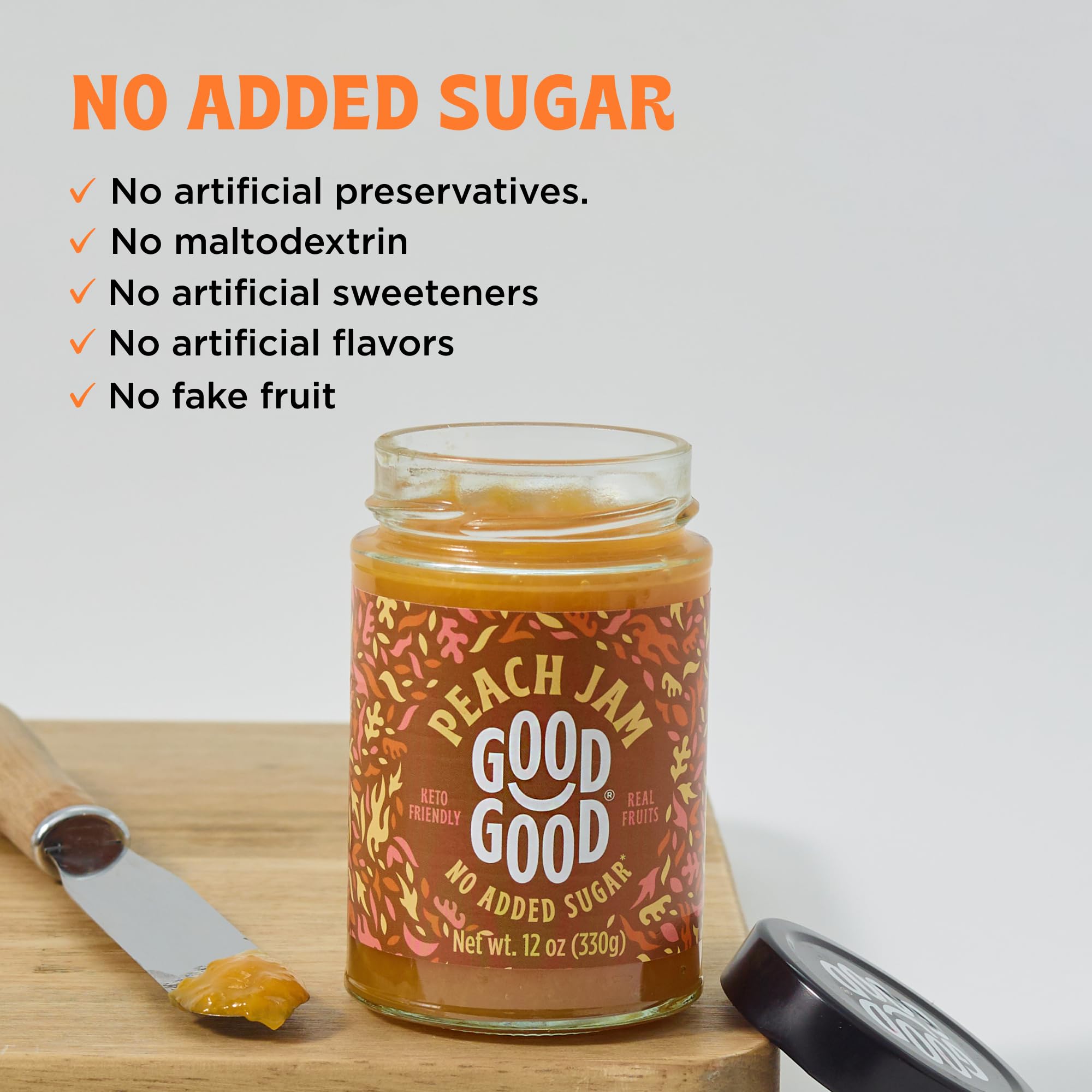 GOOD GOOD Peach Jam - No Added Sugar - Low Calorie - Gluten Free and Vegan - Diabetic and Keto Friendly - 12oz / 330g (Pack of 1)