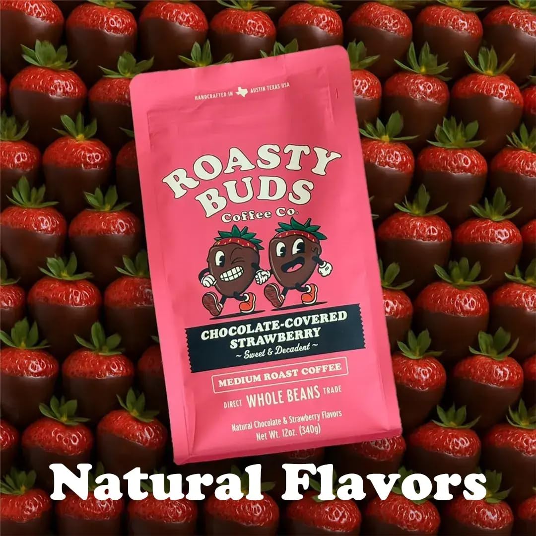 Roasty Buds Chocolate Strawberry Whole Bean Coffee - 12oz Bag | Medium Roast | 100% Arabica Beans | Dessert-Inspired, Gluten-Free, Non-GMO, No Sugar