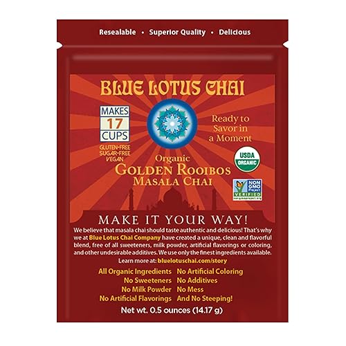 Blue Lotus Chai - Golden Rooibos Flavor Masala Chai - Makes 17 Cups - 0.5 Ounce Masala Spiced Chai Powder with Organic Spices - Instant Indian Tea No