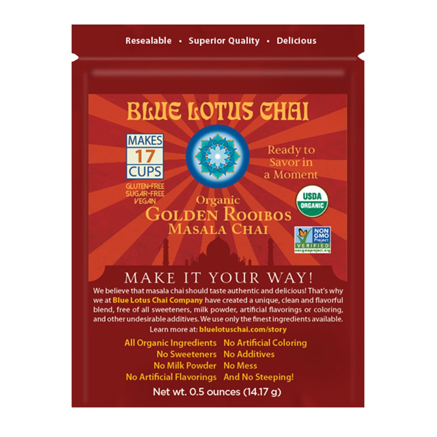Blue Lotus Chai - Golden Rooibos Flavor Masala Chai - Makes 17 Cups - 0.5 Ounce Masala Spiced Chai Powder with Organic Spices - Instant Indian Tea No