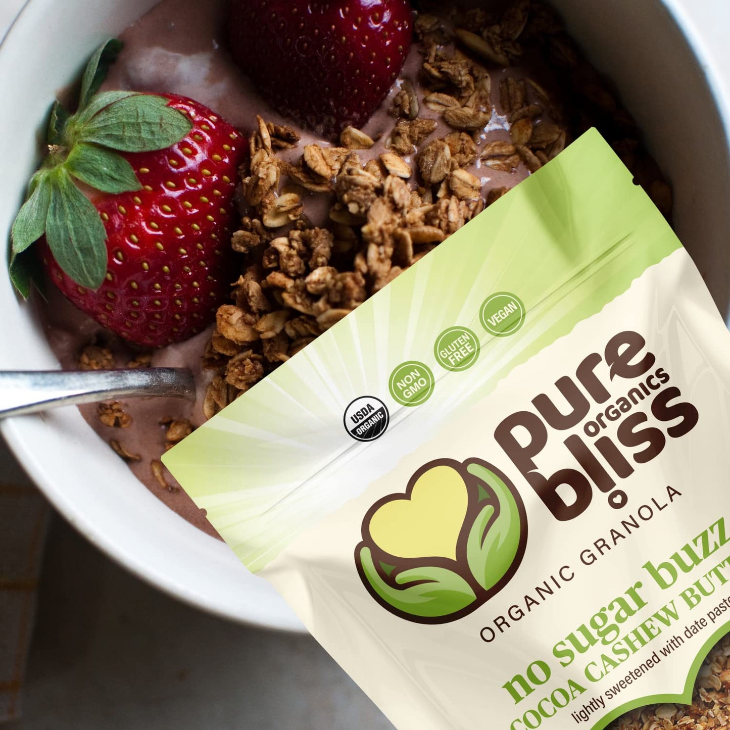 Pure Bliss Organic Low Sugar Granola (Cocoa Cashew Butter) Gluten Free, Vegan, Non-GMO, Low Glycemic, Best Tasting No Sugar Added, Superfoods, Healthy