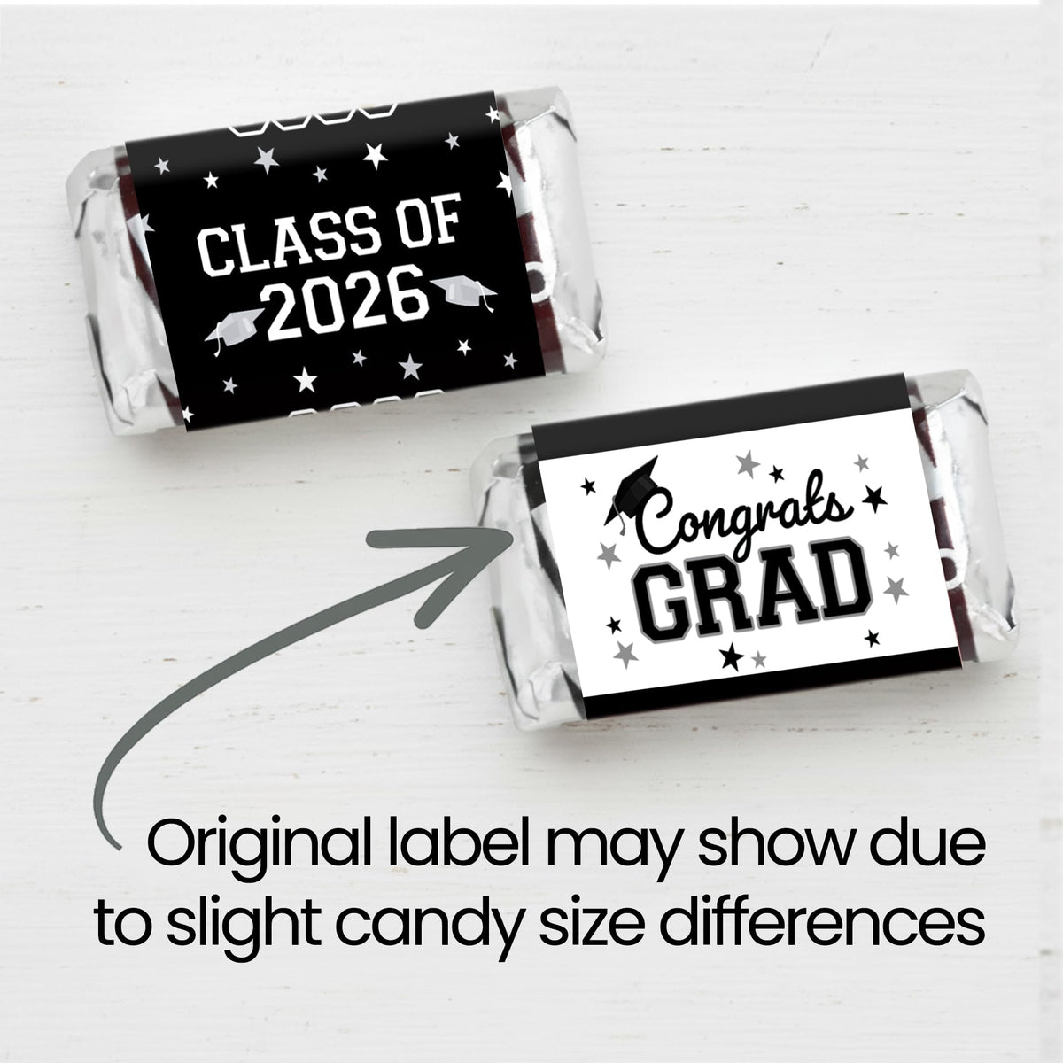 Black White Class of 2026 Graduation Mini Candy Bar Wrappers, 42 Count