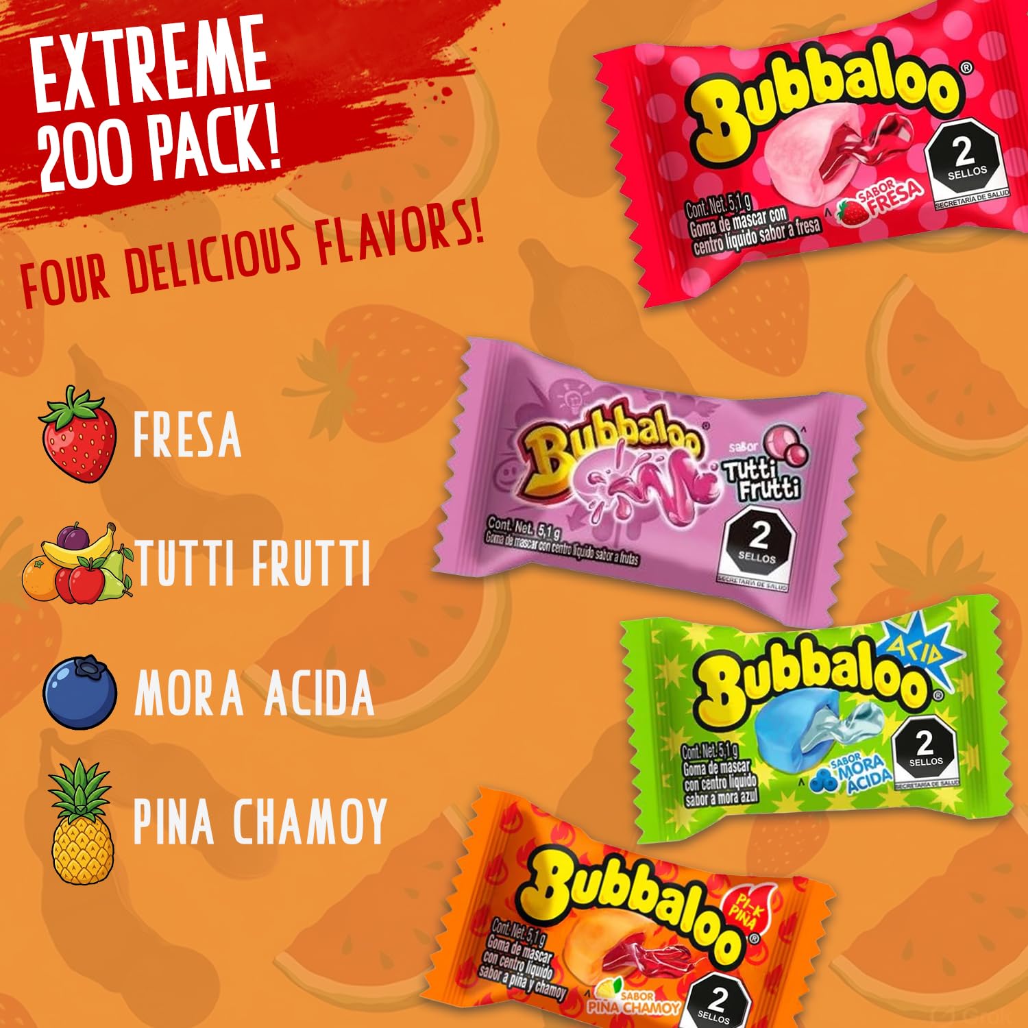 Bubbaloo Bubble Gum Mexican Chewing Gum Assortment | 200 Count Variety Bulk Pack | Strawberry, Sour Blueberry, Tutti Frutti & Pinapple Chamoy Juicy