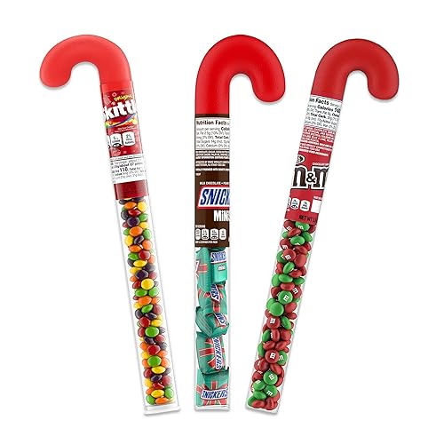 Snackivore Mini Snickers Candy Cane Tube, Christmas Skittles Filled Candy Cane Tube, and Christmas M Ms Candy Cane Tube- 3 Pack, Christmas Candy Canes