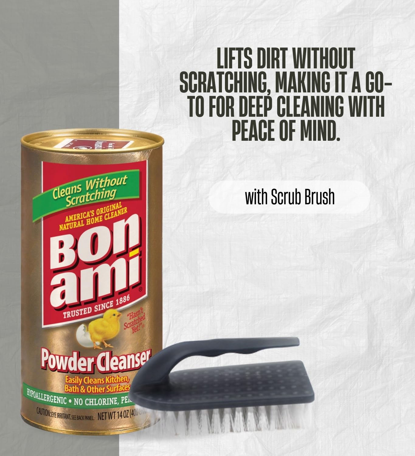 Bon Ami No Scent Cleaner 14 oz Powder Bundle with Scrub Brush - Gentle Cleaning Powder for Dried Food, Scuff Marks, and More - Safe for Cookware