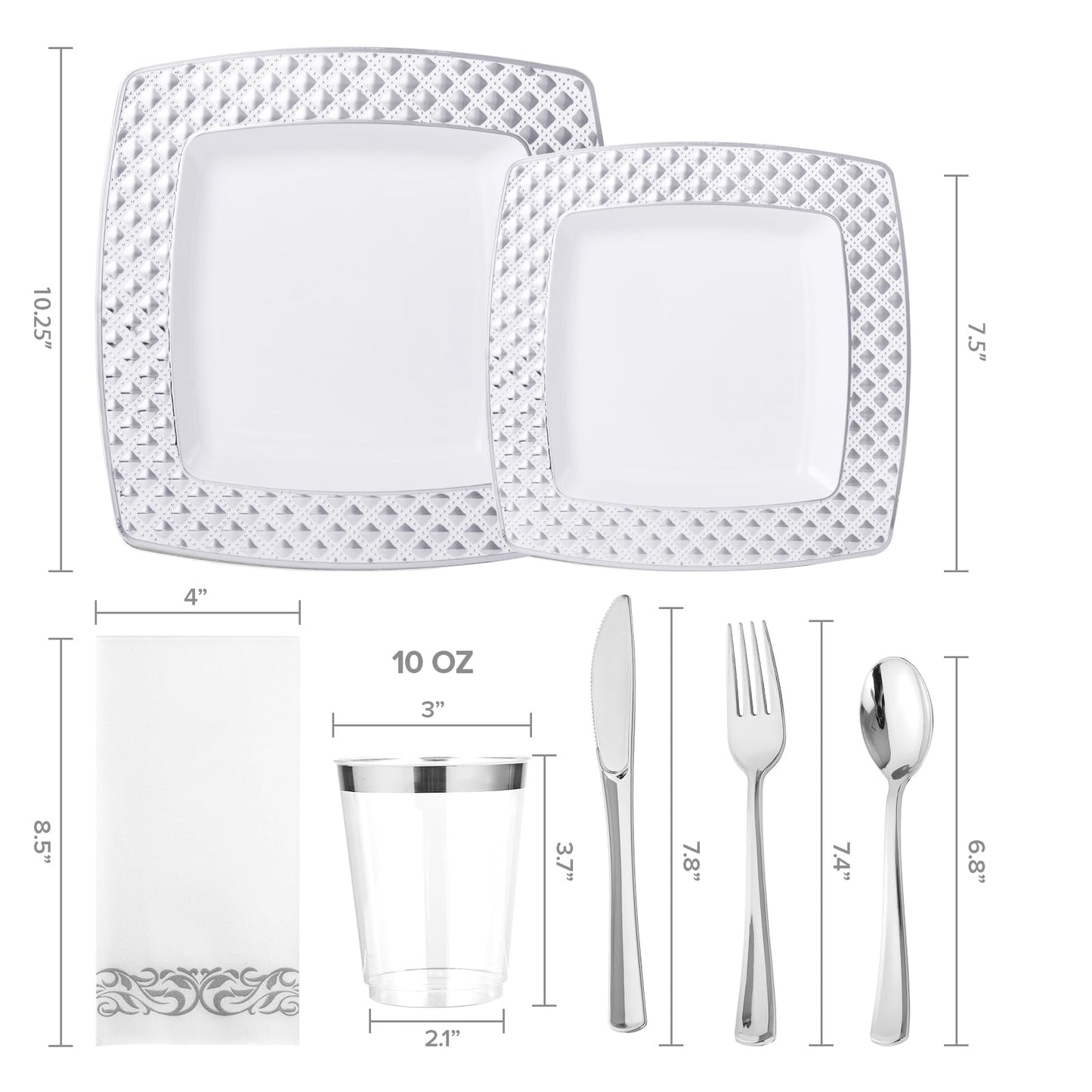 FOCUSLINE 175 Count Silver Dinnerware Set for 25 Guests, Disposable Square Plastic Plates with Diamond Rim, Includes 25 Dinner & Dessert Plates