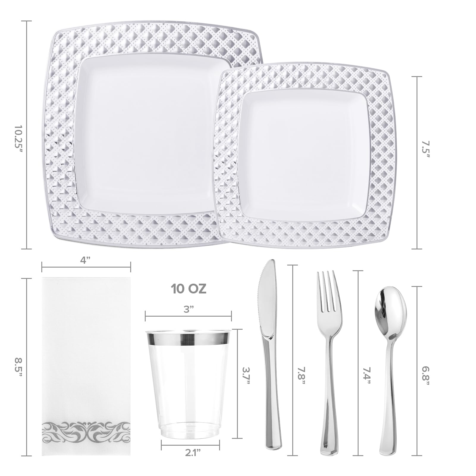 FOCUSLINE 175 Count Silver Dinnerware Set for 25 Guests, Disposable Square Plastic Plates with Diamond Rim, Includes 25 Dinner & Dessert Plates