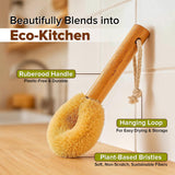 Coconut Fiber Dish Brush with Handle - Natural Dish Scrubber Brush for Kitchen Sink & Pots - Eco-Friendly Dish Cleaning Brush with Built-in Scraper