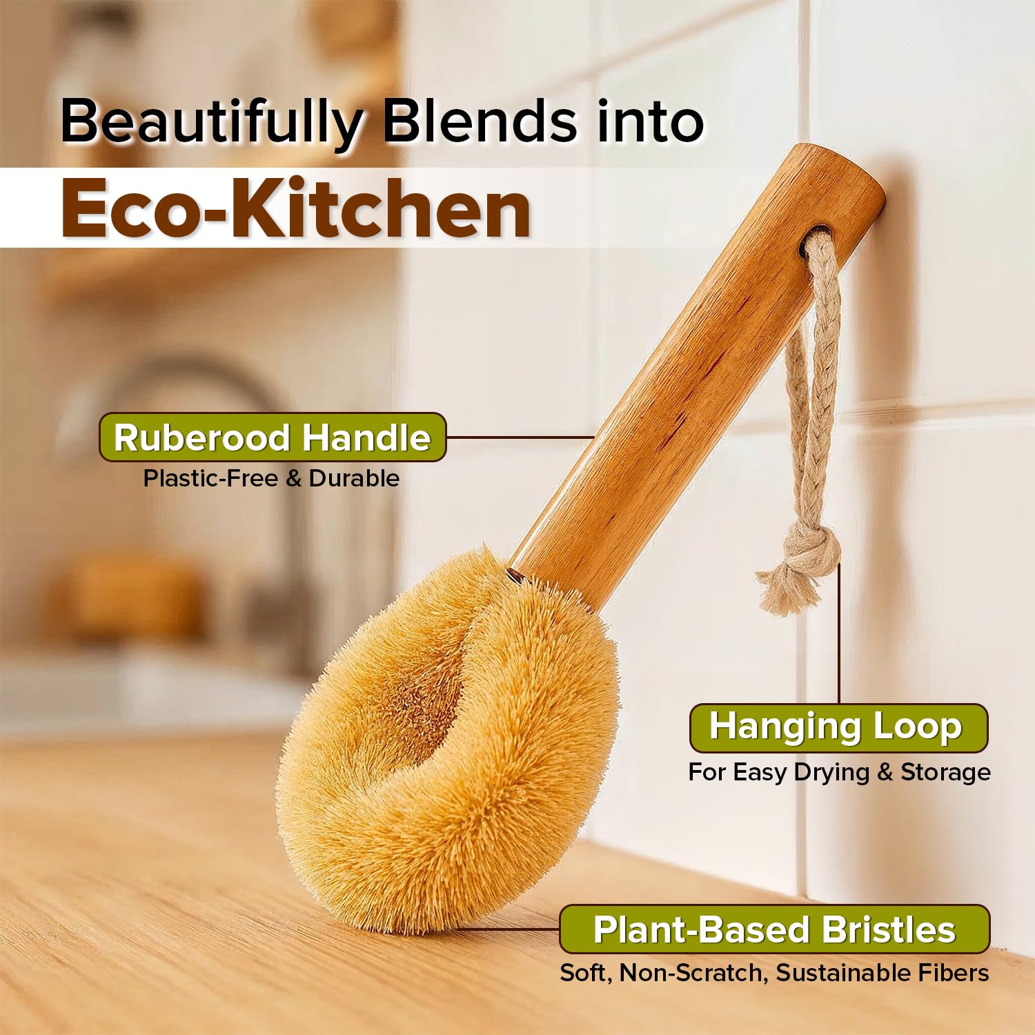 Coconut Fiber Dish Brush with Handle - Natural Dish Scrubber Brush for Kitchen Sink & Pots - Eco-Friendly Dish Cleaning Brush with Built-in Scraper