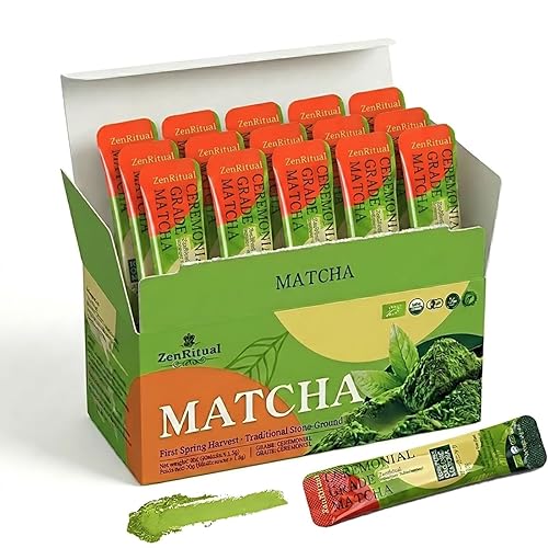 ZenRitual Organic Matcha Sticks, 20 Single Serve Packets, Ceremonial Grade Matcha Powder, USDA Organic, Unsweetened, for Lattes, Travel, Work & On the