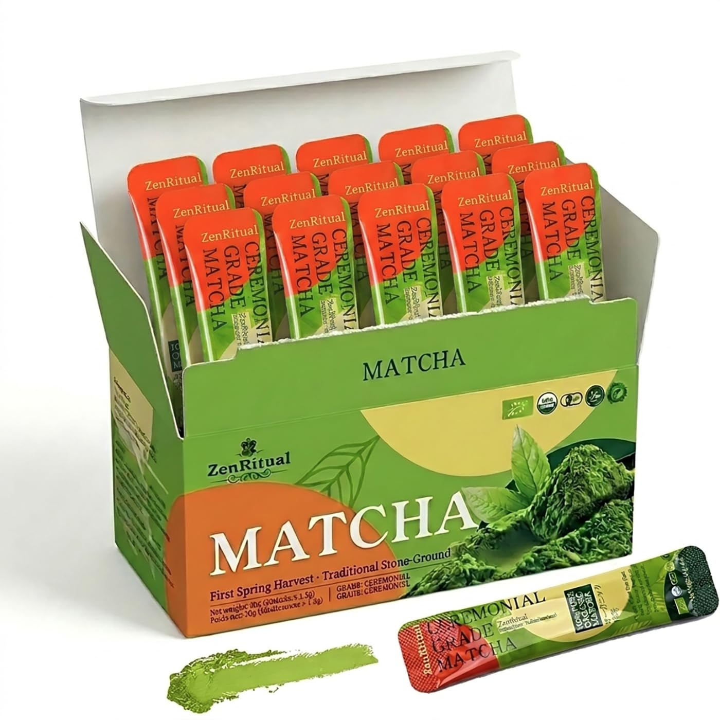 ZenRitual Organic Matcha Sticks, 20 Single Serve Packets, Ceremonial Grade Matcha Powder, USDA Organic, Unsweetened, for Lattes, Travel, Work & On the