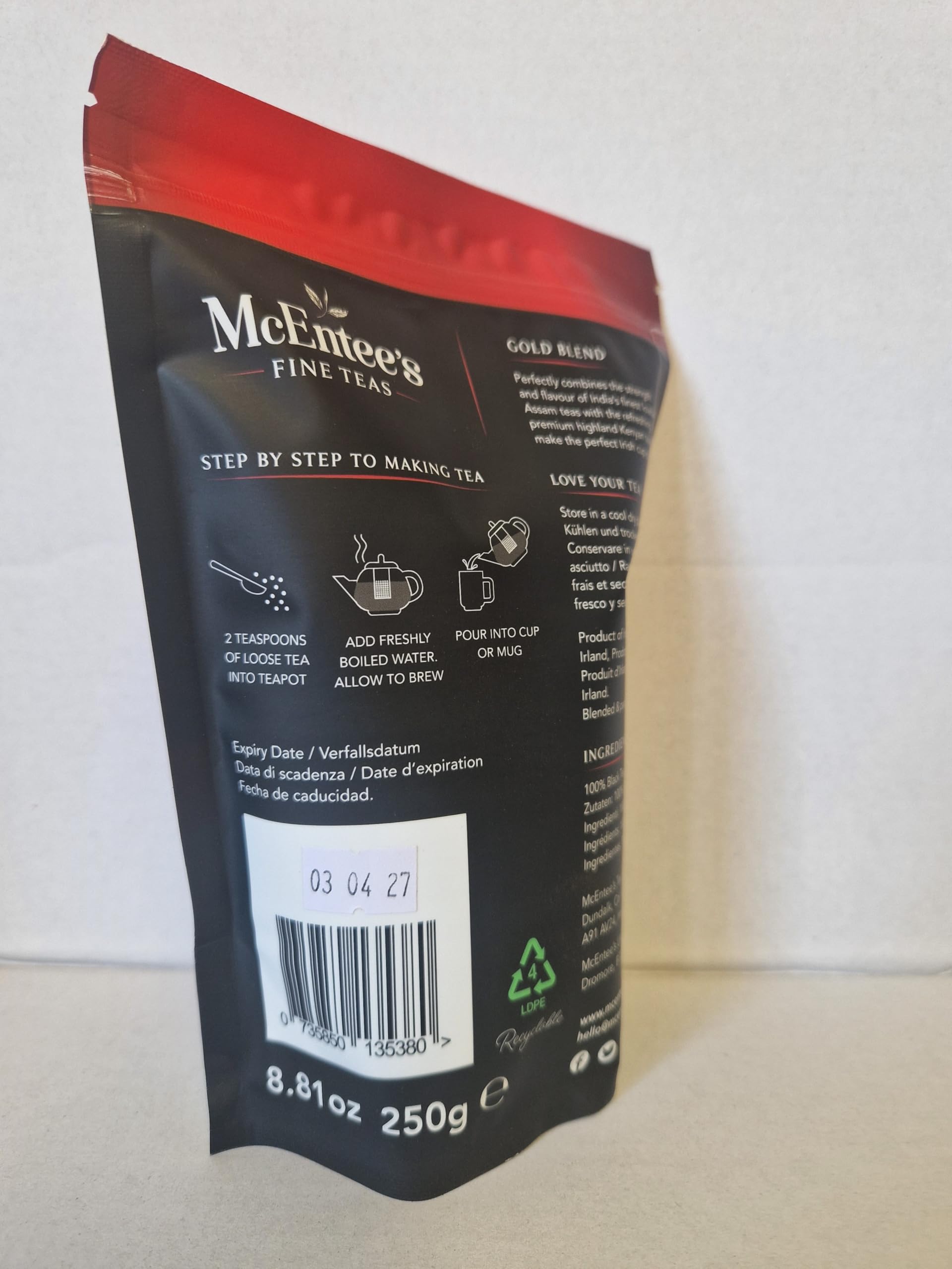 McEntee's Irish Loose Leaf Gold Blend Tea - (Pack of 4) - 250g Refill Bag - Expertly blended in Ireland to give that perfect cup of tea. A traditional