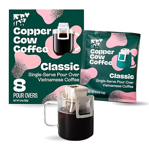 Copper Cow Coffee Premium Vietnamese Pour Over Coffee, 8 Pack | 0.4 oz Each | Classic Black Dark Roast | Single-Serve Robusta Filters | Bold, High