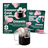 Copper Cow Coffee Premium Vietnamese Pour Over Coffee, 8 Pack | 0.4 oz Each | Classic Black Dark Roast | Single-Serve Robusta Filters | Bold, High