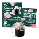 Copper Cow Coffee Premium Vietnamese Pour Over Coffee, 8 Pack | 0.4 oz Each | Classic Black Dark Roast | Single-Serve Robusta Filters | Bold, High