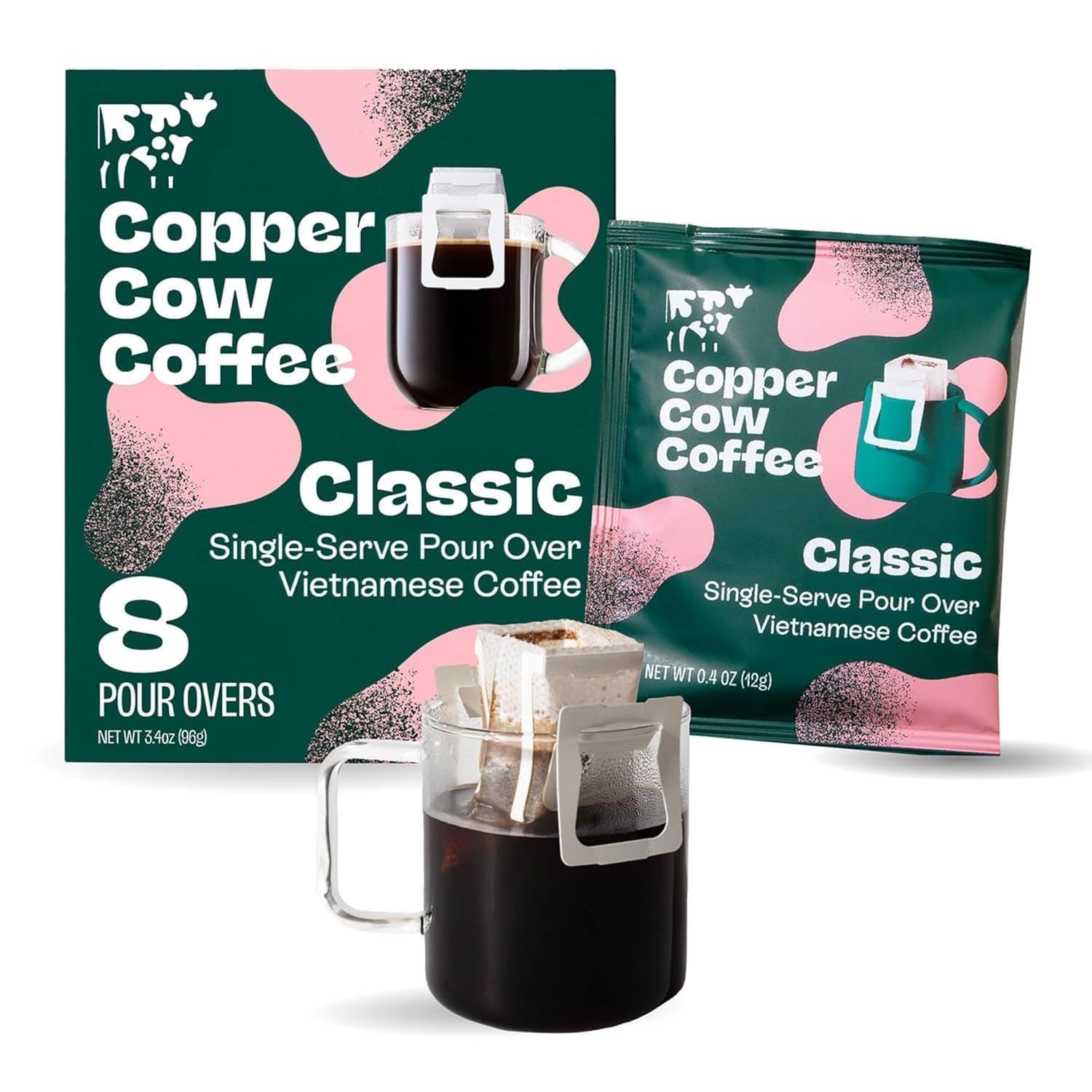 Copper Cow Coffee Premium Vietnamese Pour Over Coffee, 8 Pack | 0.4 oz Each | Classic Black Dark Roast | Single-Serve Robusta Filters | Bold, High