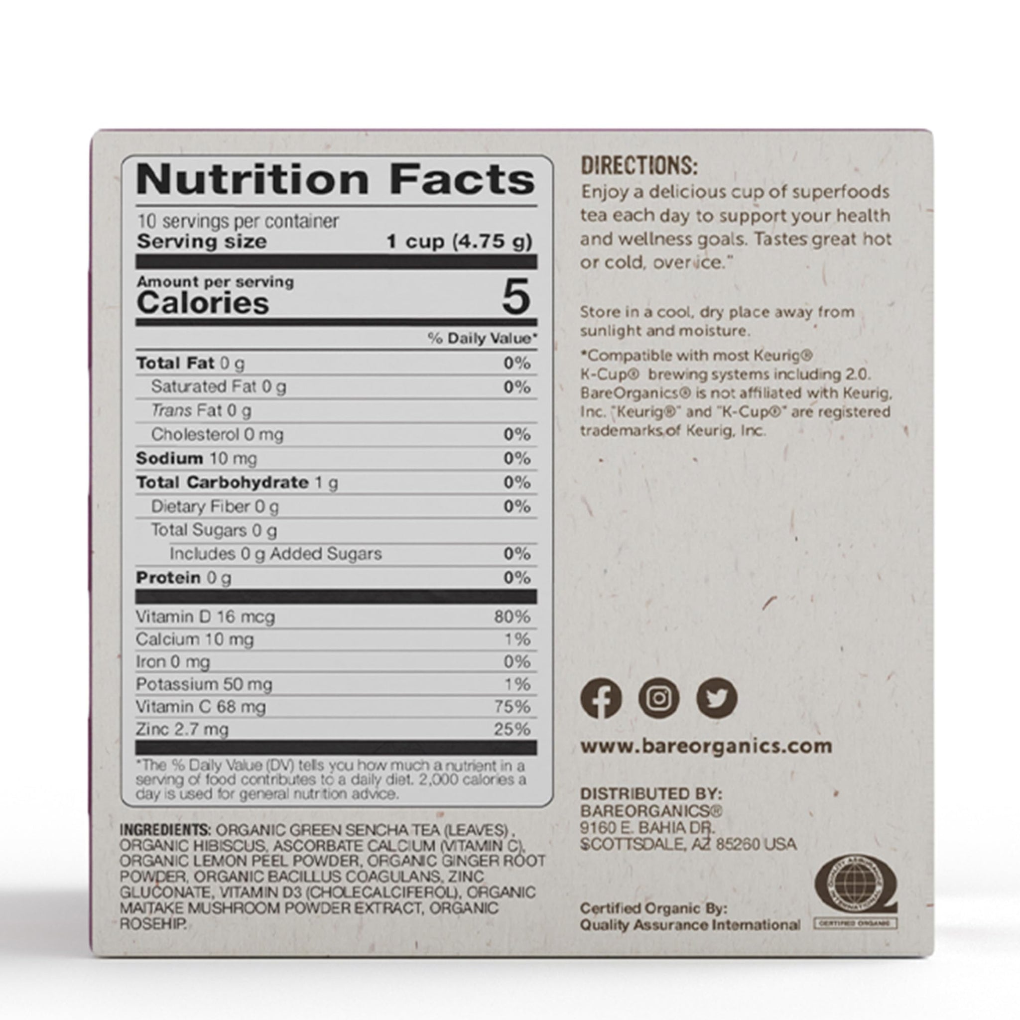 BareOrganics Daily Defence Tea - Organic Tea Pods for Keurig with Superfoods and Probiotics, Green Tea K Cups, 10ct single serve Cups