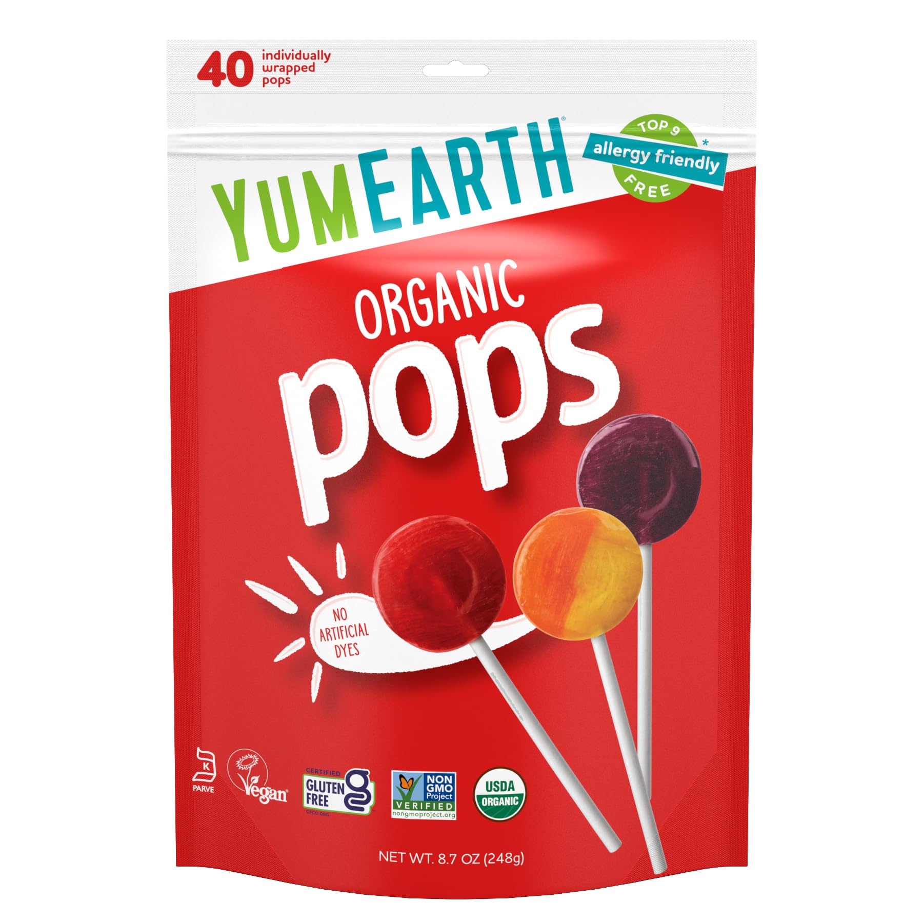 YumEarth Organic Pops Variety Pack, 40 Fruit Flavored Favorites Lollipops, Allergy Friendly, Gluten Free, Non-GMO, Vegan, No Artificial Flavors or