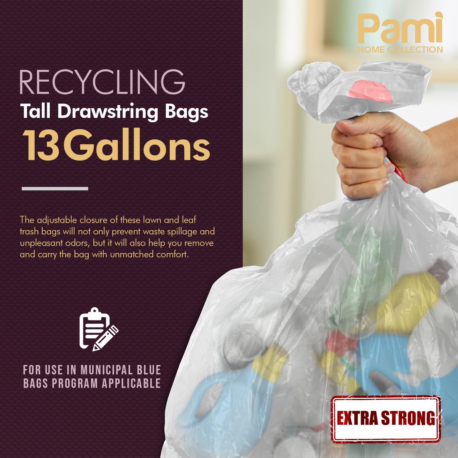 PAMI Recycling Tall Kitchen Drawstring Trash Bags- Extra-Strong Plastic Garbage Bags- Thick Trash Can Liners For Kitchen & Outdoor Bins- 2ft x2ft