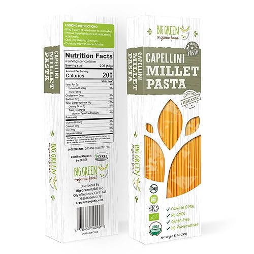 Big Green Organic Food- Organic Millet Capellini, Gluten-Free, Lectin-Free, Non-GMO, Vegan, Wheat and Rice Alternative, 8.8oz (1)