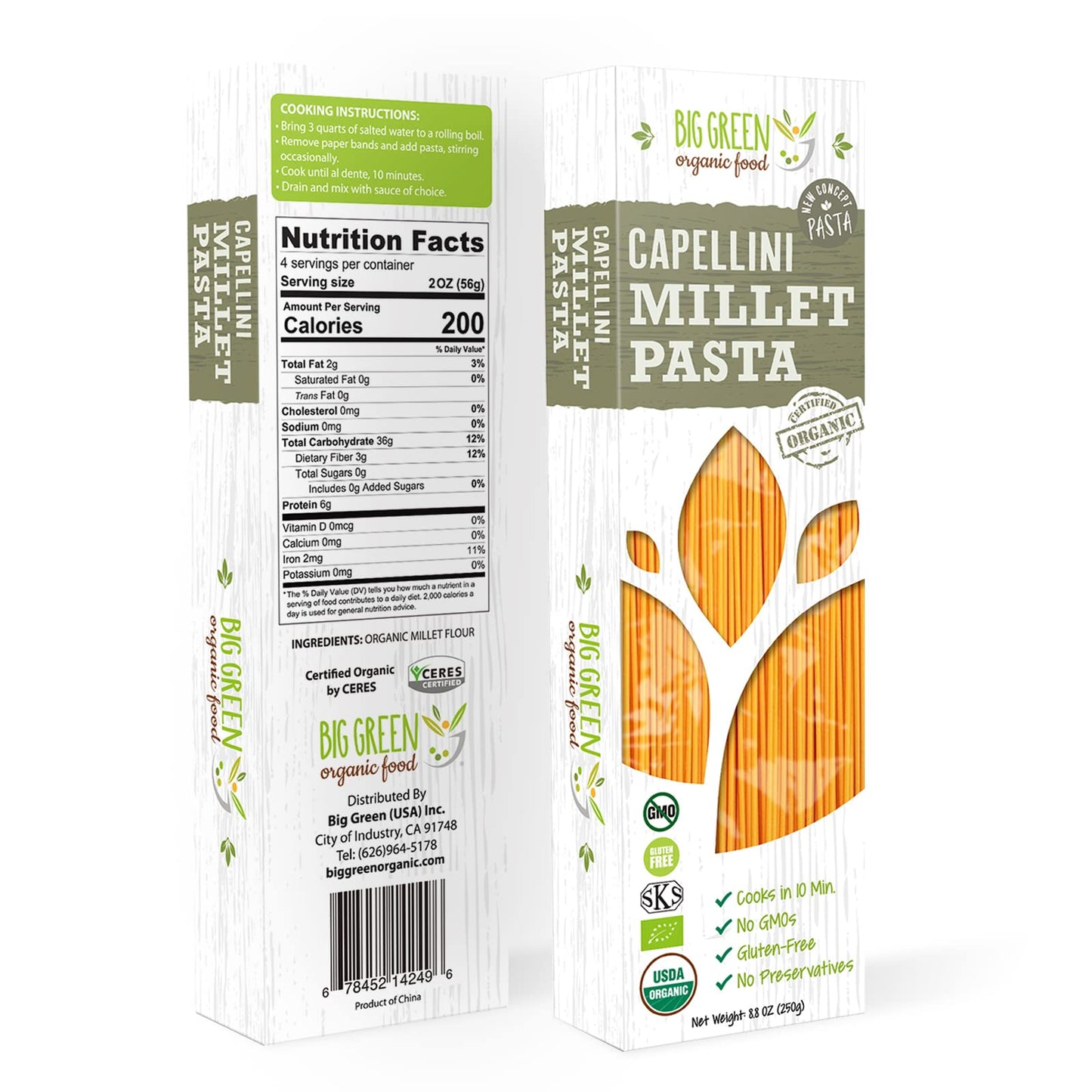 Big Green Organic Food- Organic Millet Capellini, Gluten-Free, Lectin-Free, Non-GMO, Vegan, Wheat and Rice Alternative, 8.8oz (1)