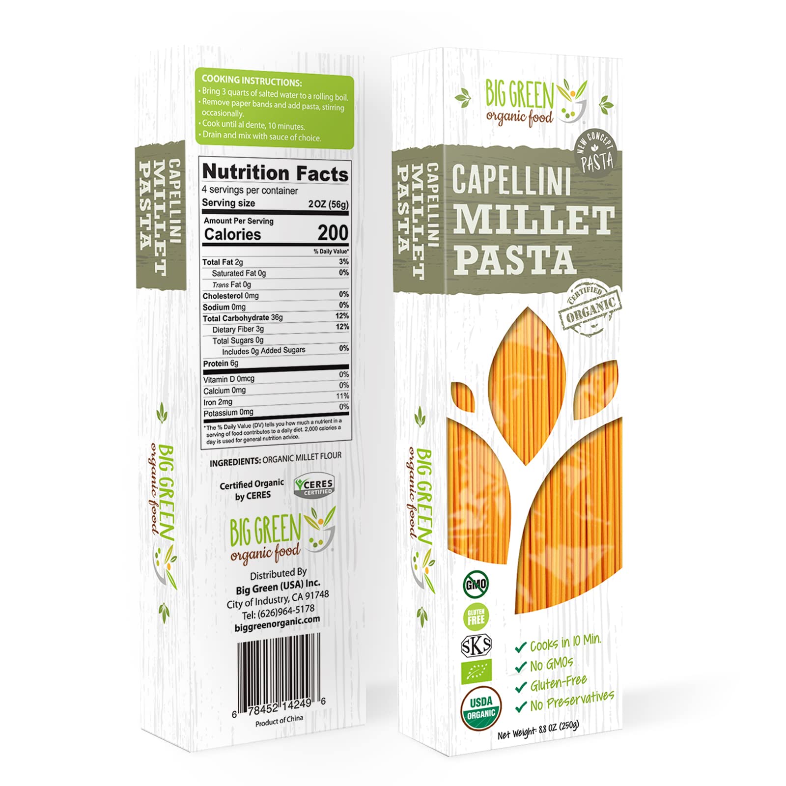 Big Green Organic Food- Organic Millet Capellini, Gluten-Free, Lectin-Free, Non-GMO, Vegan, Wheat and Rice Alternative, 8.8oz (1)