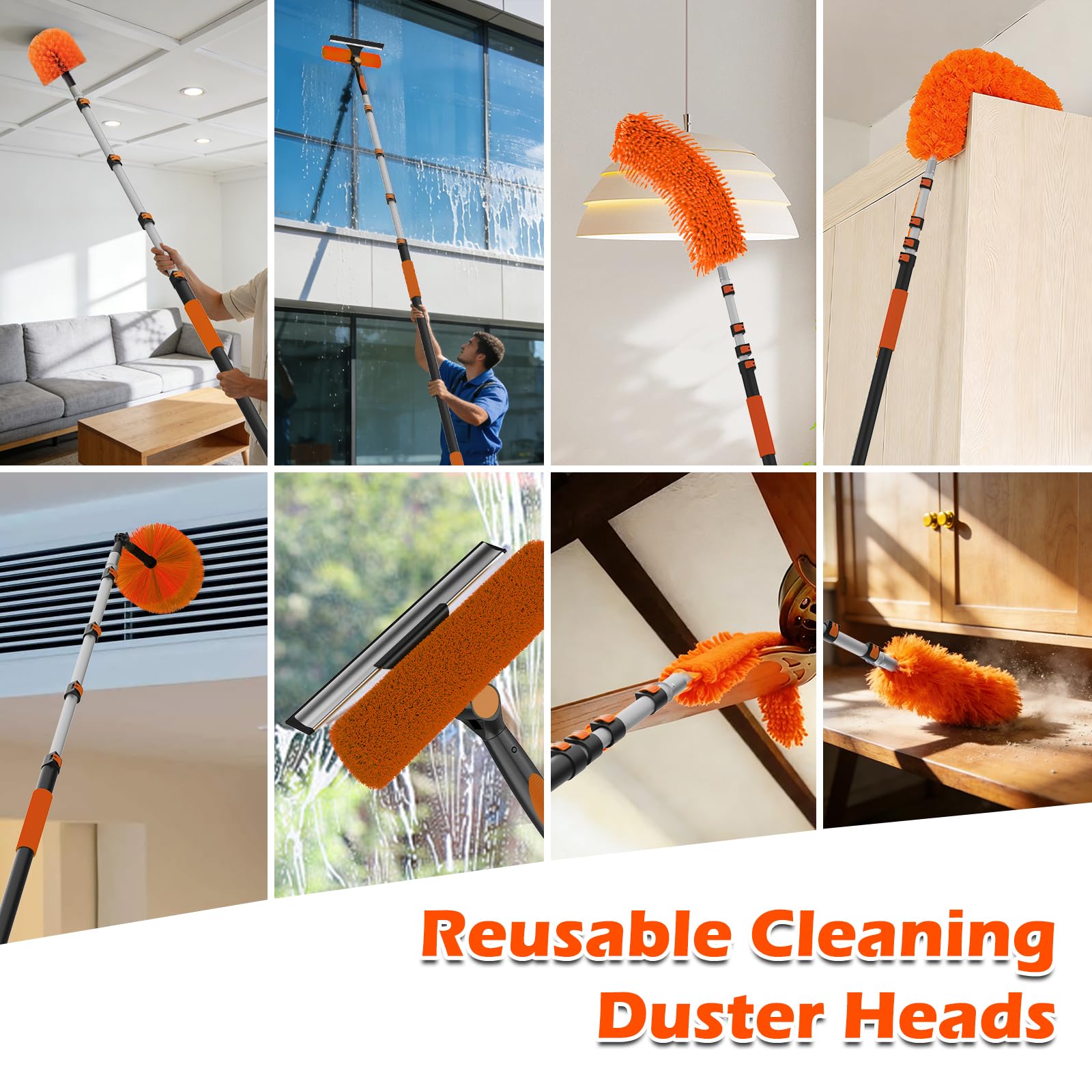 High Ceiling Duster Kits with 3-12FT Adjustable Pole - Includes Extra Long Duster, High Ceiling Duster, Rotatable Window Squeegee & Cobweb Duster