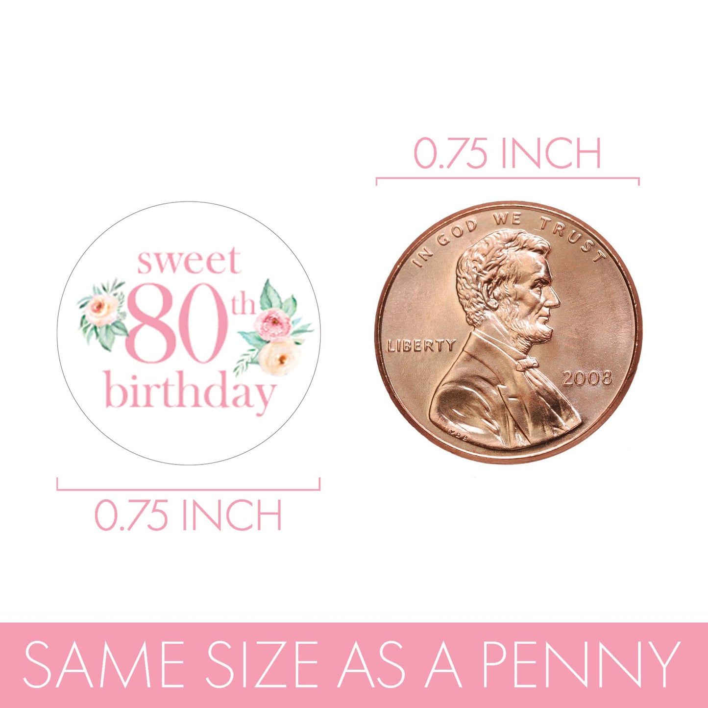 Pink Floral 80th Birthday Chocolate Kisses Candy Stickers, Pink 80 and Fabulous Birthday Party Favor Labels - 180 Count