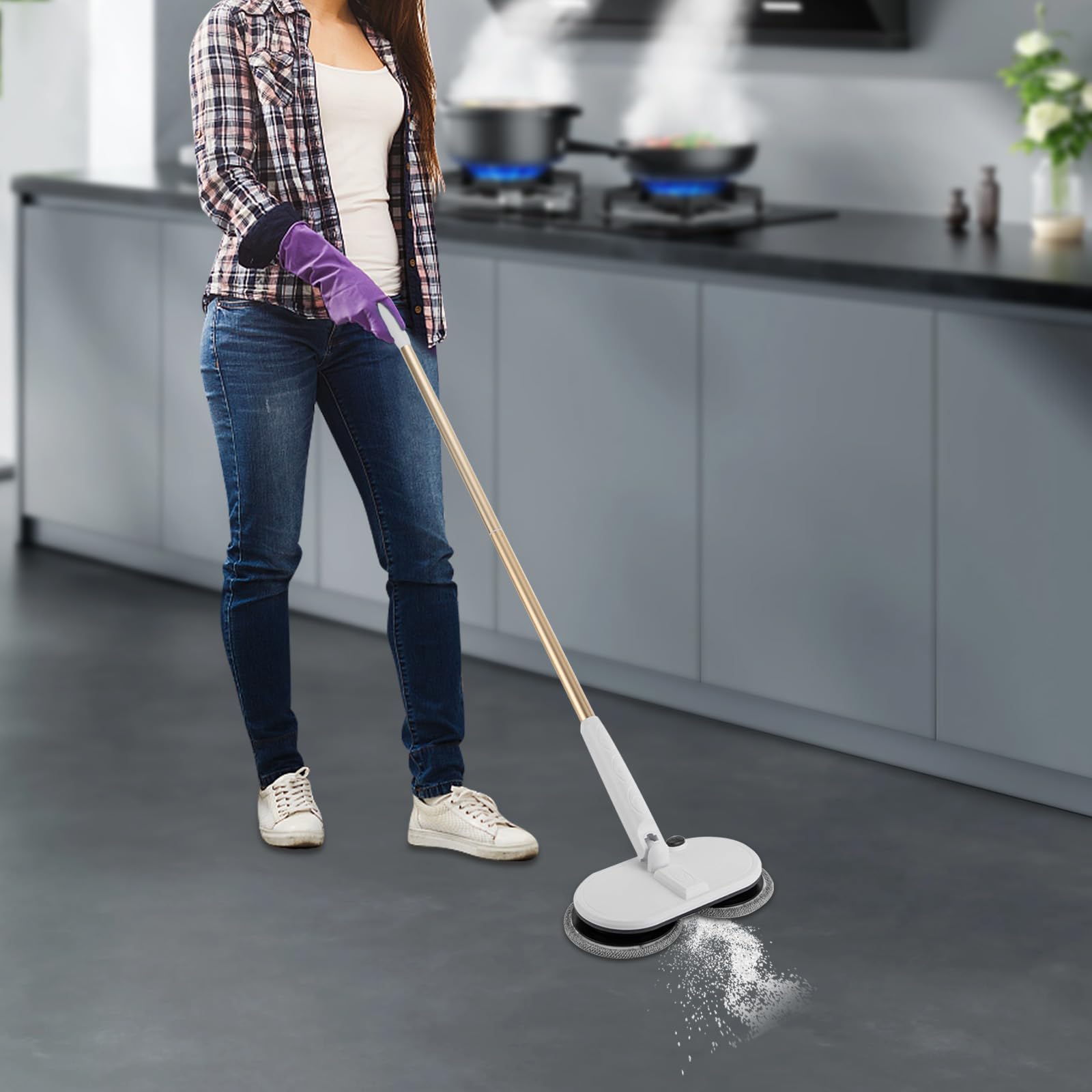 Cordless Electric Spin Mop, 2000mAh 60+ min Runtime, Foot Switch No Bending, 150RPM, 4 Pads, Adjustable Lightweight Floor Cleaner for Hardwood Tile