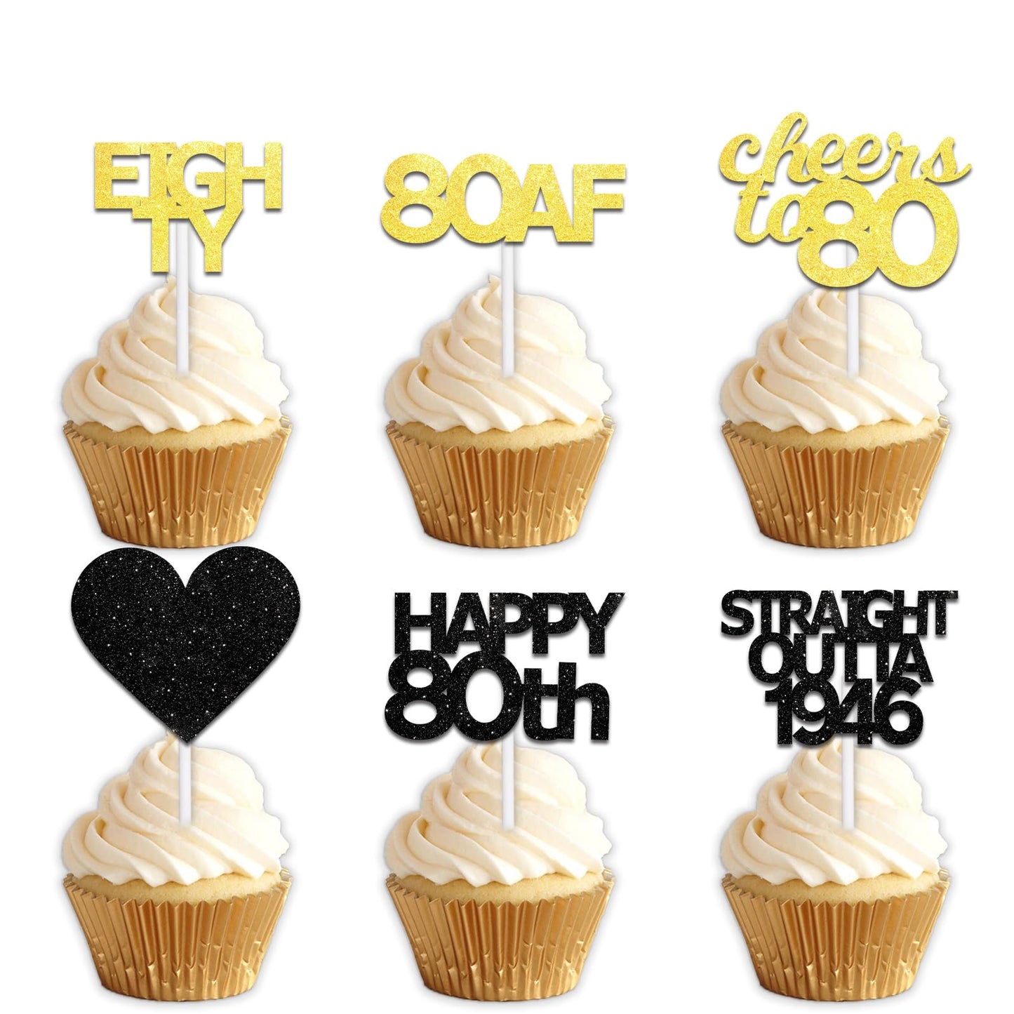 18pcs Black Gold Glitter Dessert Cupcake Pick for Straight Outta 1946 Cheer to 80 Years Old Theme Decor Supplies Happy 80th Birthday Party Decoration