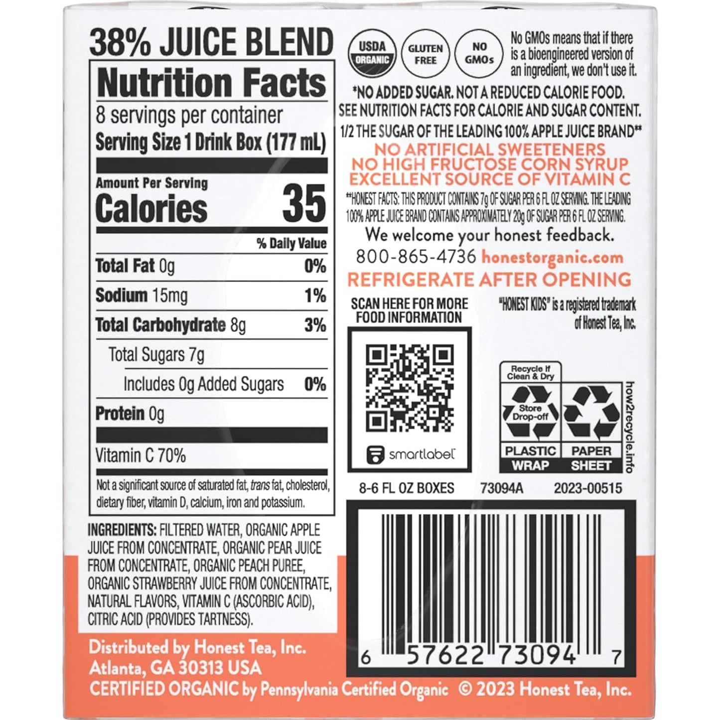 Honest Kids Strawberry Peachy Keen Cartons, 6 fl oz, 8 Pack, 5 Sets