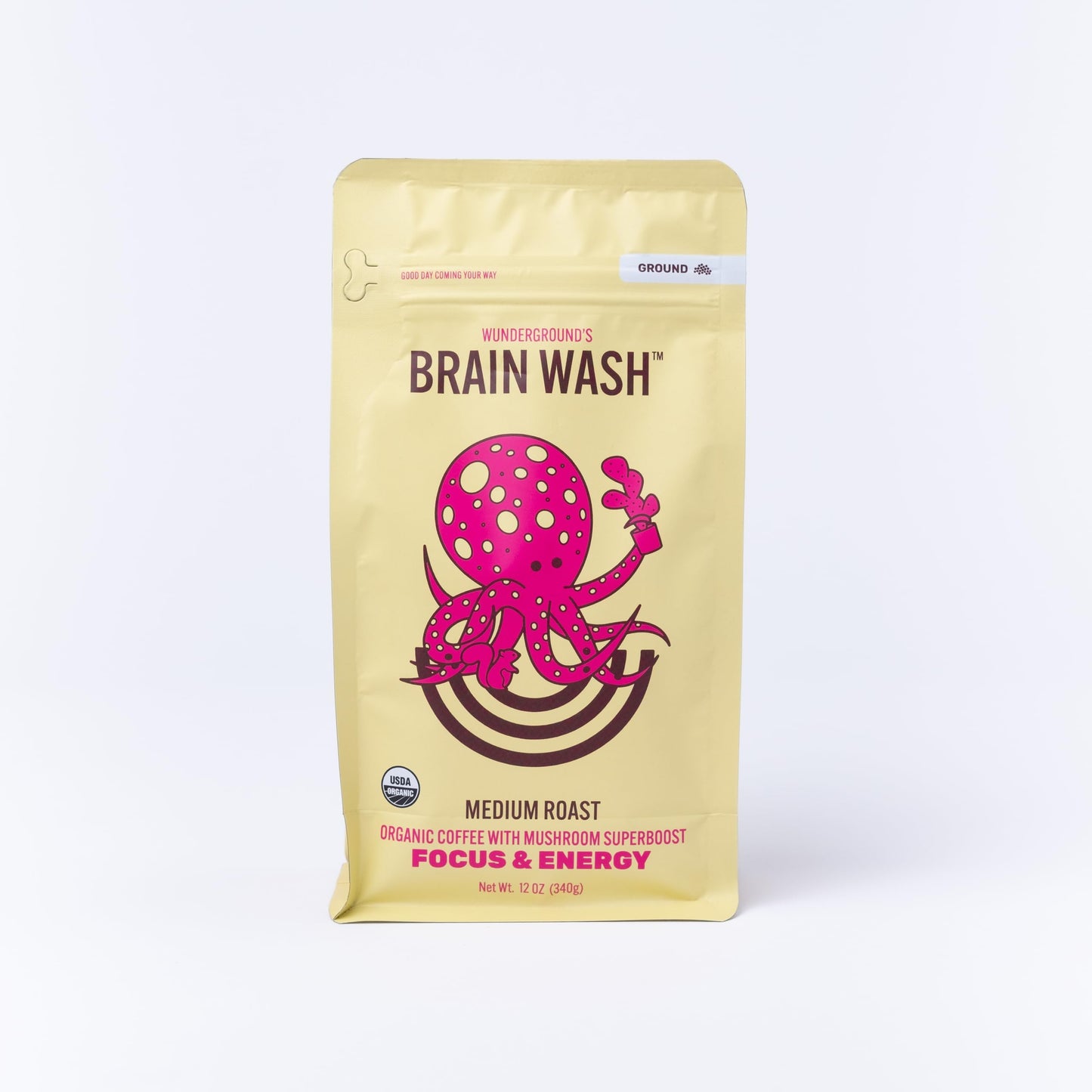 Wunderground's Brain Wash Medium Roast Organic Ground Coffee with Mushroom SuperBoost (12 oz Bag)