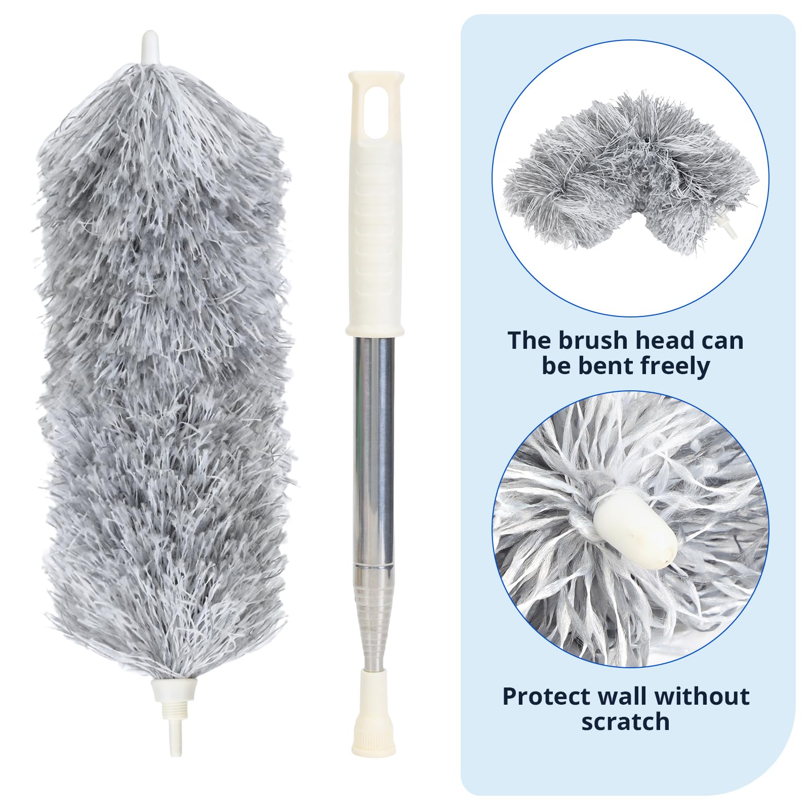 ZZ LAZYCOTTAGE Duster with Extension Pole & Flexible Head, Gray Feather Duster, Long Ddusters for Cleaning for High Ceilings, Walls, Fans, Cobweb