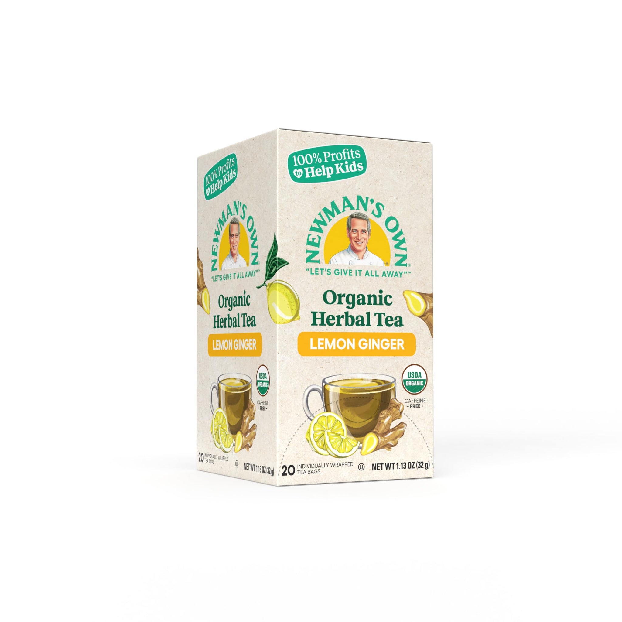 Newman's Own Organic Lemon Ginger Herbal Tea with Rooibos Tea with Organic Ginger 20 Individually Wrapped Tea Bags USDA Certified and Kosher Cinnamon