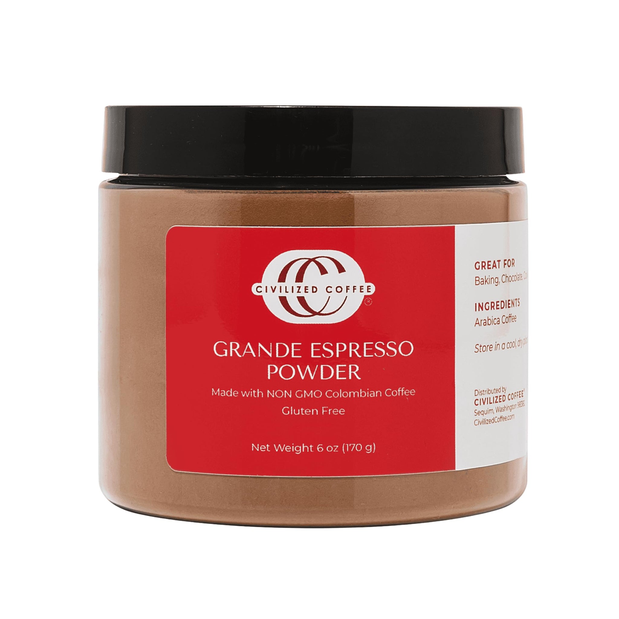 Civilized Coffee Espresso Powder Grande - Premium Colombian Coffee for Baking, Desserts & Smoothies, Non-GMO, Medium Roast, Fine Ground (6 oz)