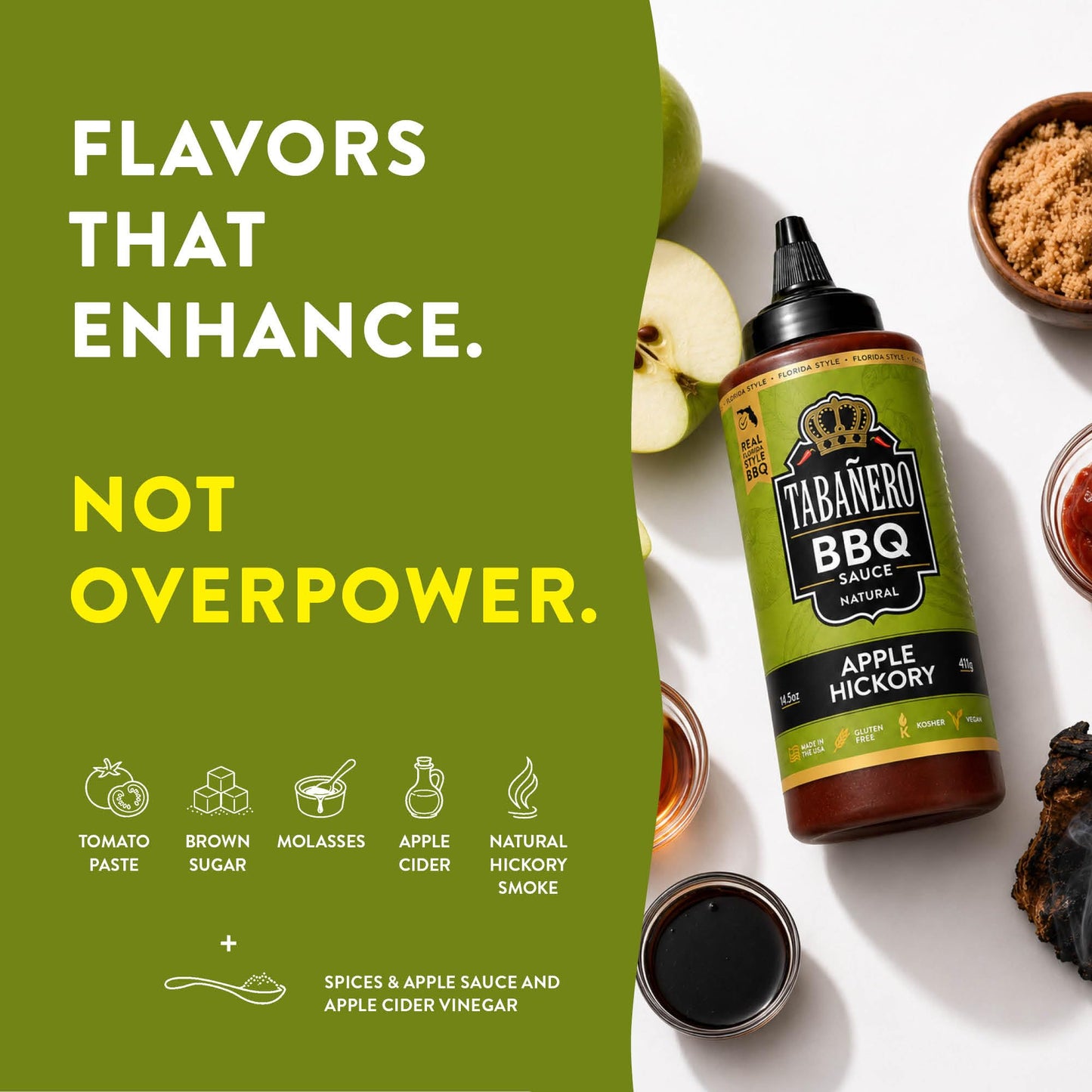 Tabañero Apple Hickory BBQ Sauce, Slow-Cooked Meats, Vegan, Bottle, 14.5oz