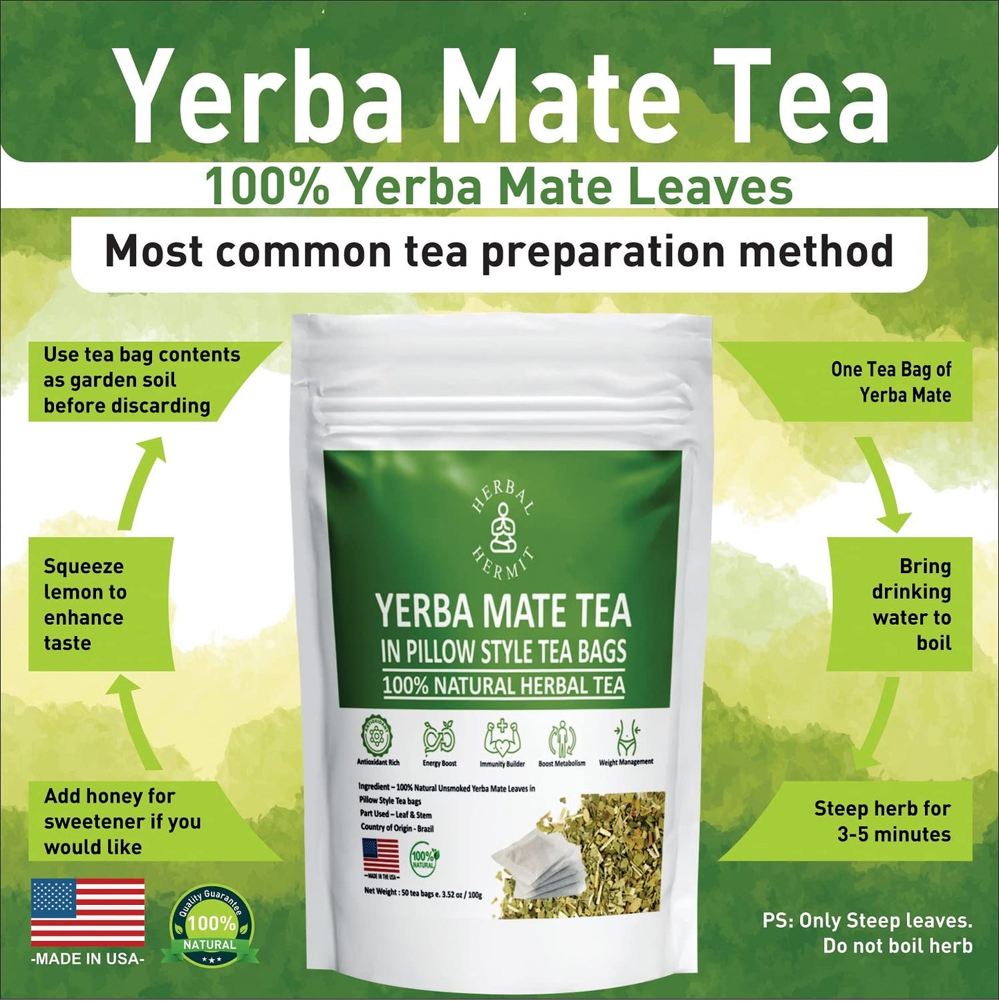 Yerba Mate Tea Bags | Premium Unsweetened Yerba Mate | Chlorogenic Acid Tea | Natural Energy Boost | 50 Tea Bags