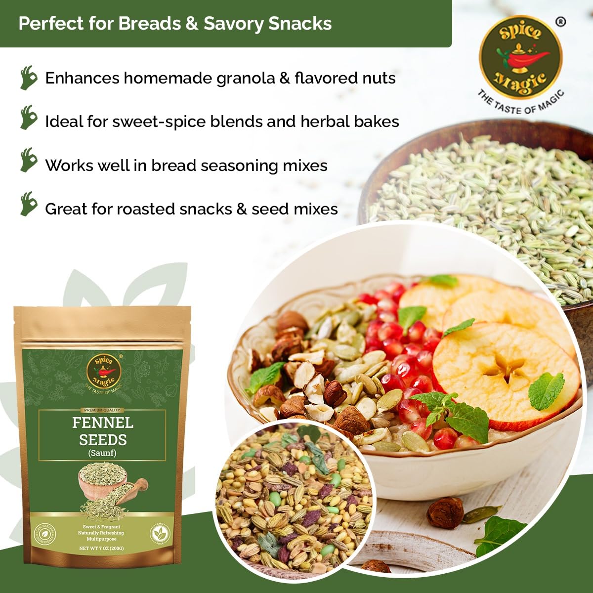 Spice Magic Fennel Seeds | Whole Fennel Seed 7oz (200g), 100% Natural, Fresh, Gourmet Spices and Seasonings for Cooking and Baking I Non-GMO I Indian