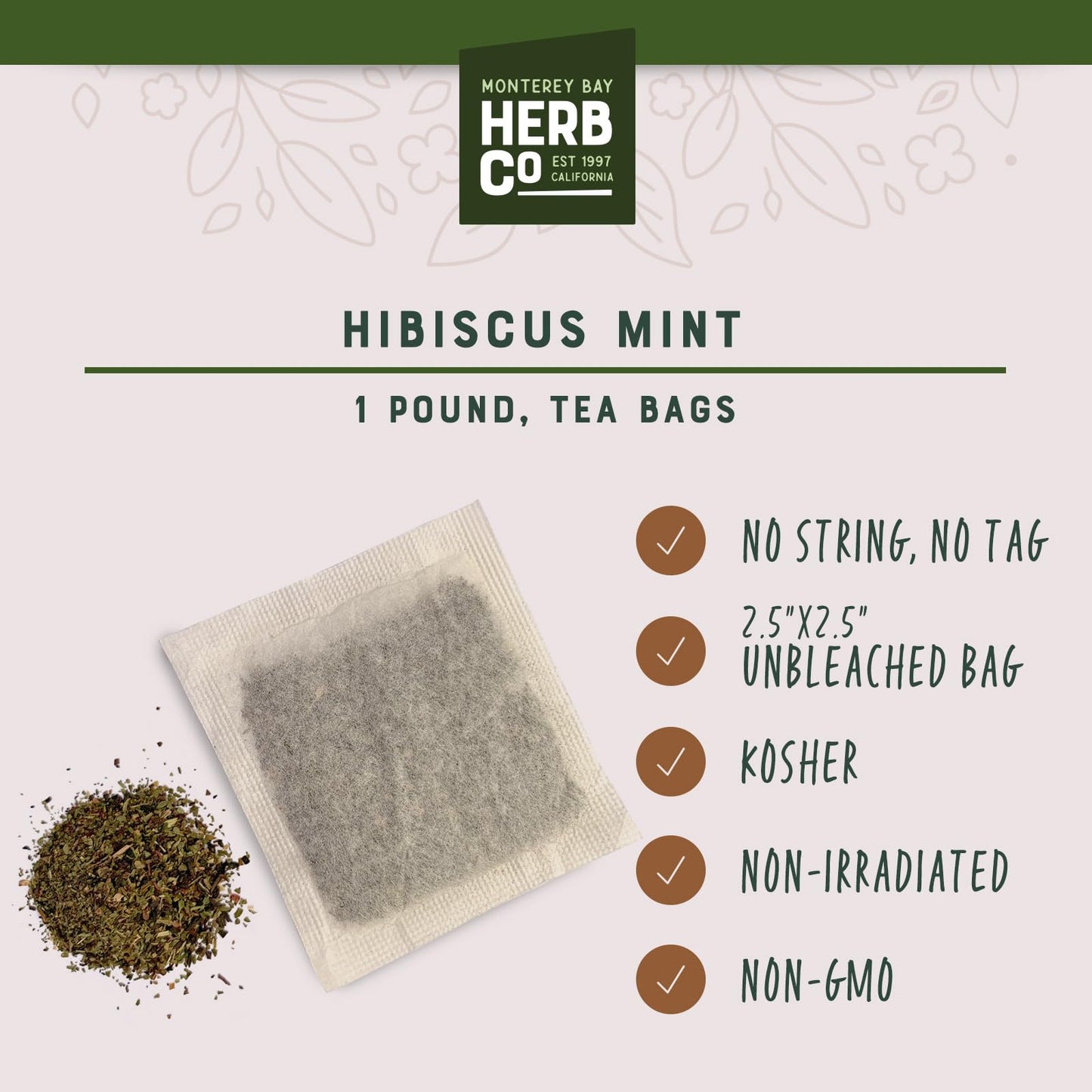 Hibiscus Mint Tea Bags, by Herb Co, Three-Ingredient Blend of Hibiscus, Peppermint & Stevia, Caffeine Free, Unbleached Filter Paper, Kosher