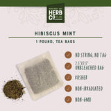 Hibiscus Mint Tea Bags, by Herb Co, Three-Ingredient Blend of Hibiscus, Peppermint & Stevia, Caffeine Free, Unbleached Filter Paper, Kosher