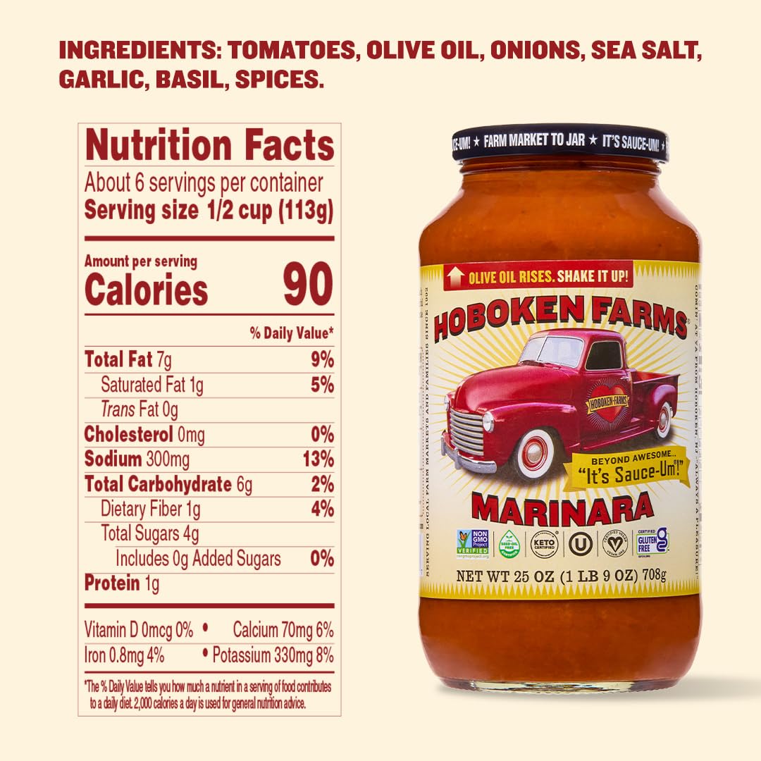 Hoboken Farms Marinara Sauce - No Sugar Added, Non-GMO, Preservative-Free, Low Carb, Keto - Better For You Pasta Sauce! (25 Fl Oz, Pack of 2)