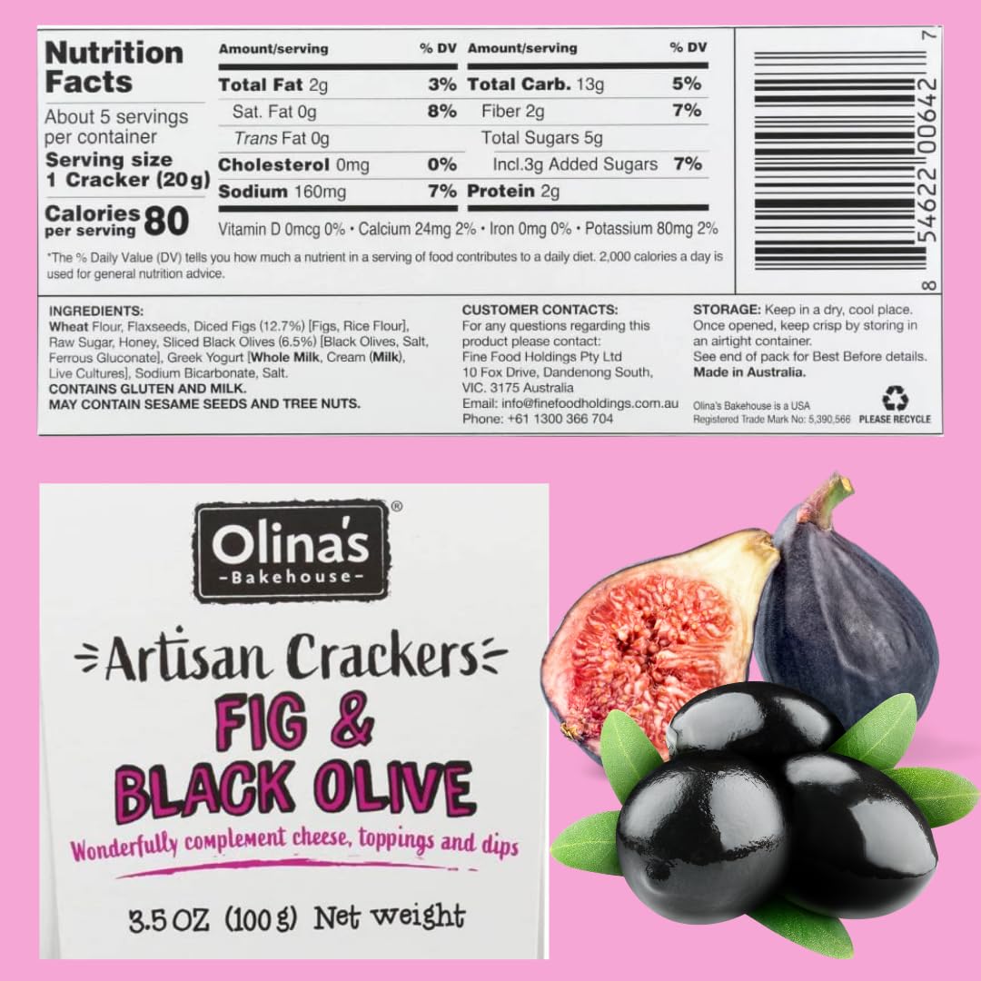 Olina's Bakehouse Crackers, Assorted (3-Pack, Fig & Black Olive - Artisan Cracker)